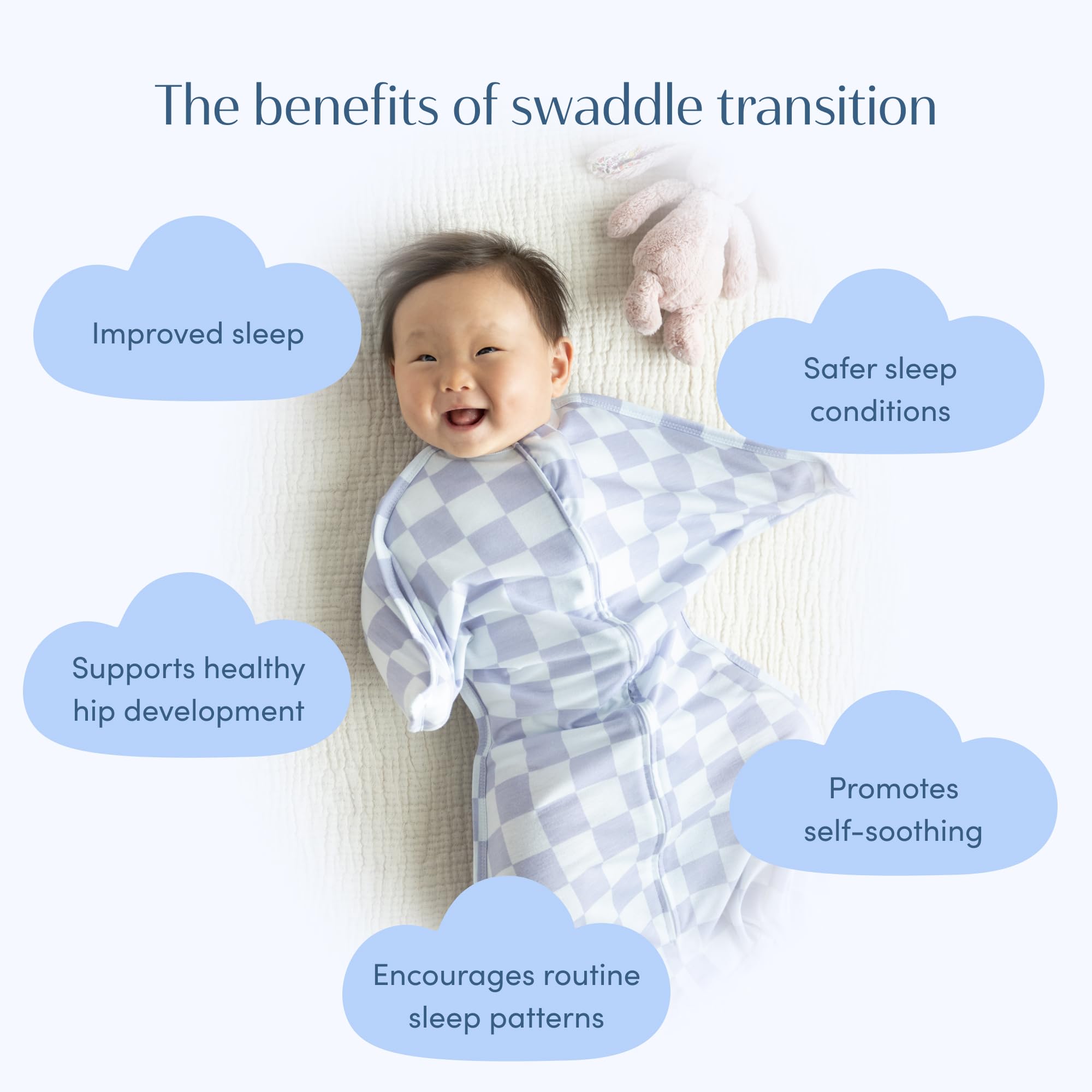 SleepingBaby Zipadee-Zip lavender check pattern enhances bedtime routine.
