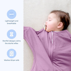 SleepingBaby zippered swaddle enables quick, painless diaper changes.