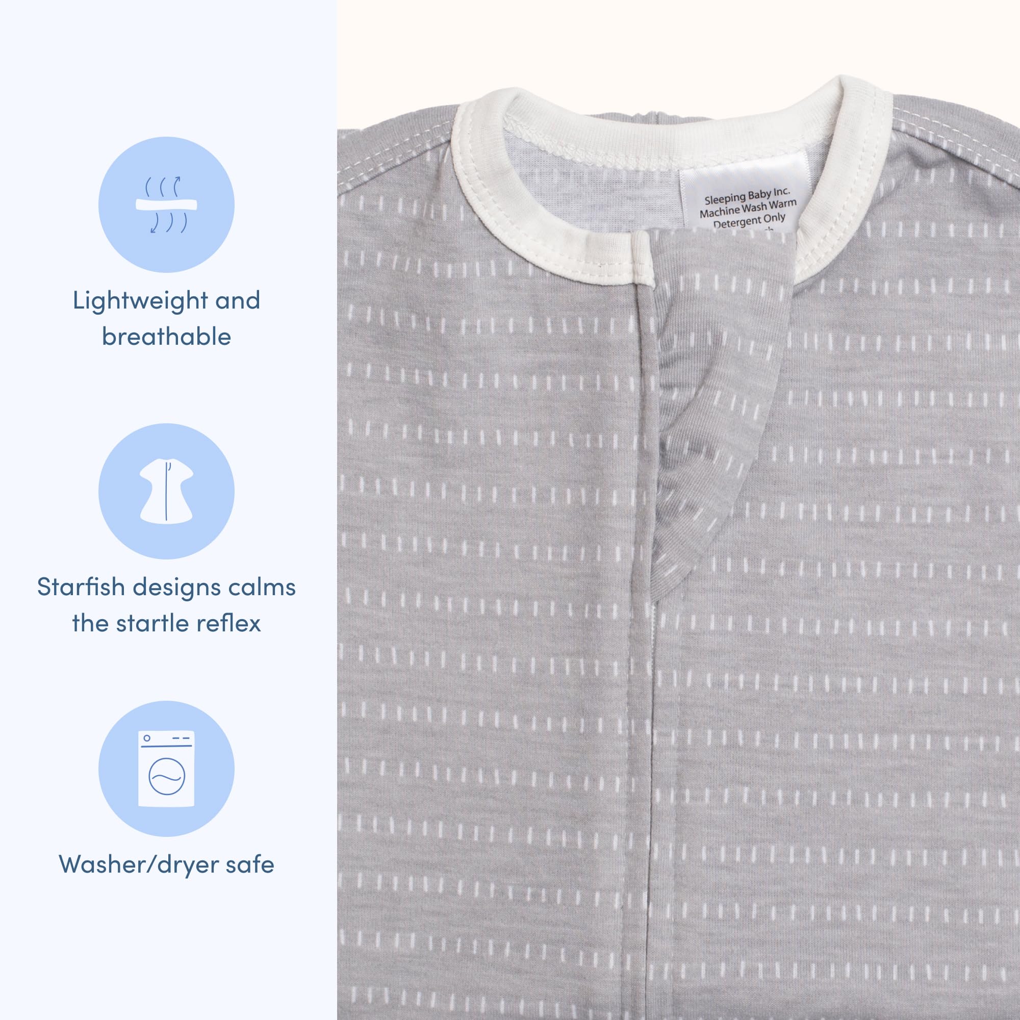 SleepingBaby wearable blanket zipper closure facilitates quick diaper changes