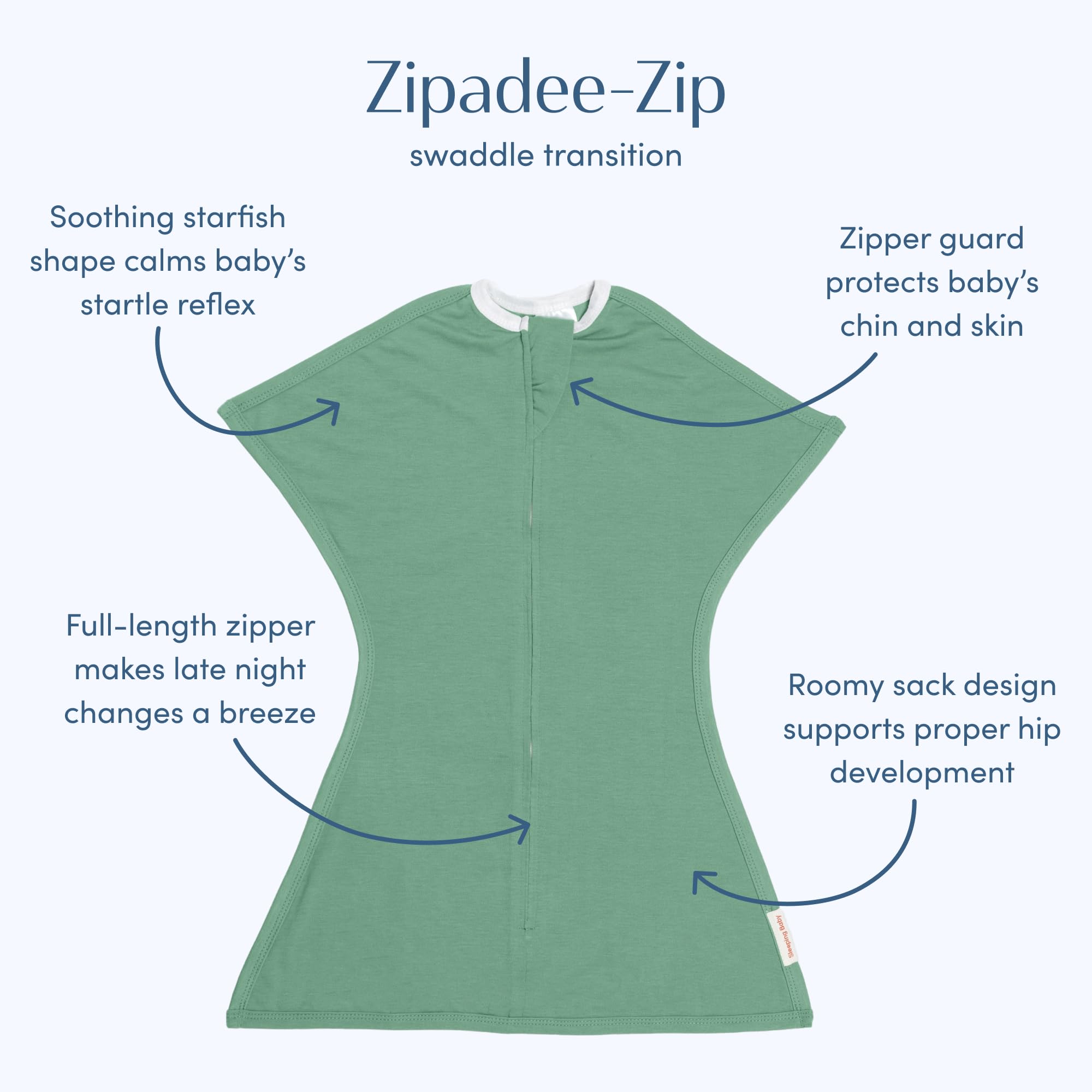 SleepingBaby Zipadee-Zip Basil starfish-design closeup highlights womb-like security.