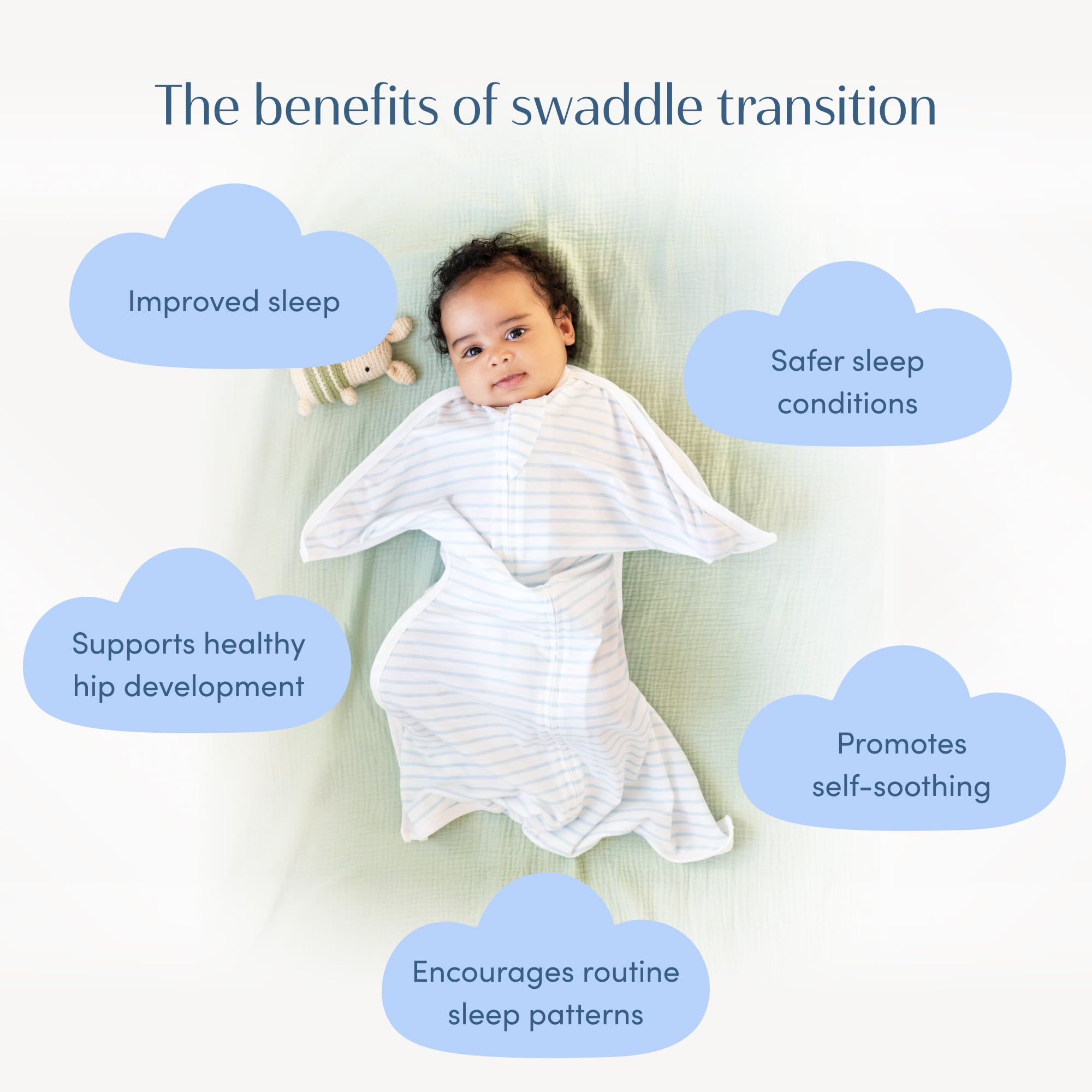 SleepingBaby Zipadee-Zip blue-cream design complements nursery aesthetics.
