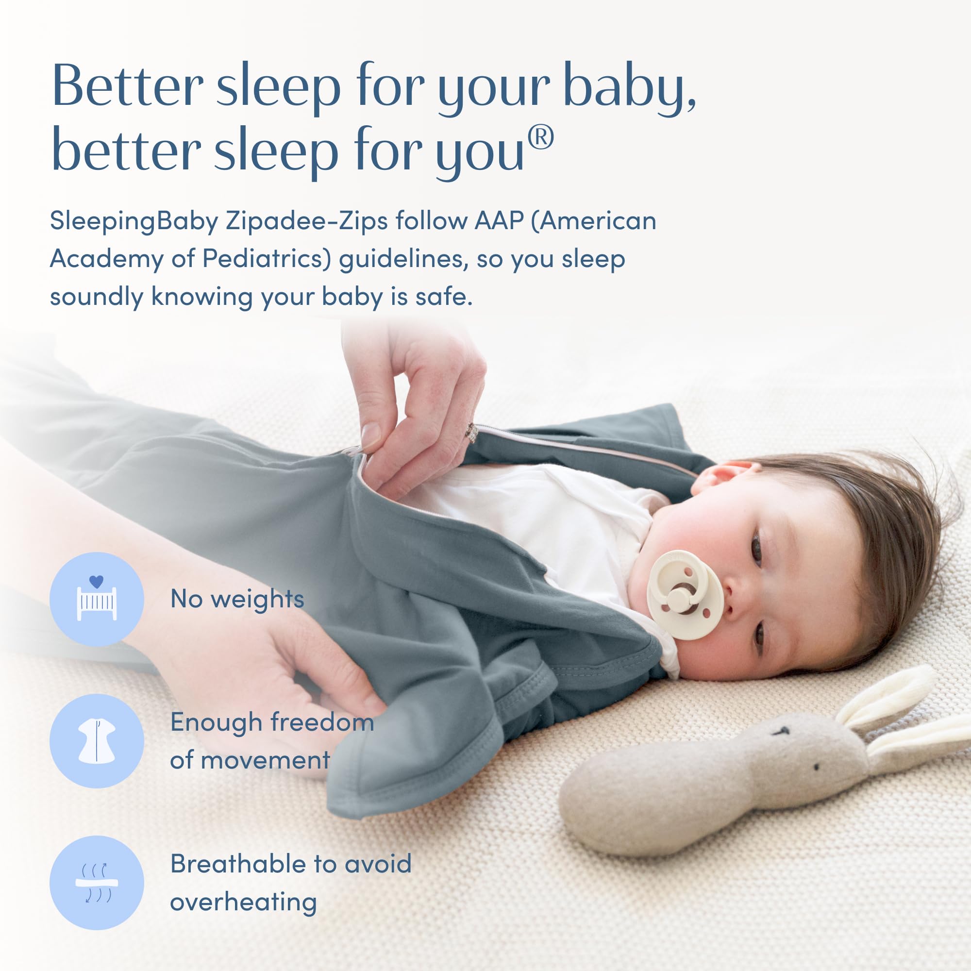 SleepingBaby Zipadee-Zip classic grey fabric in a neutral nursery.