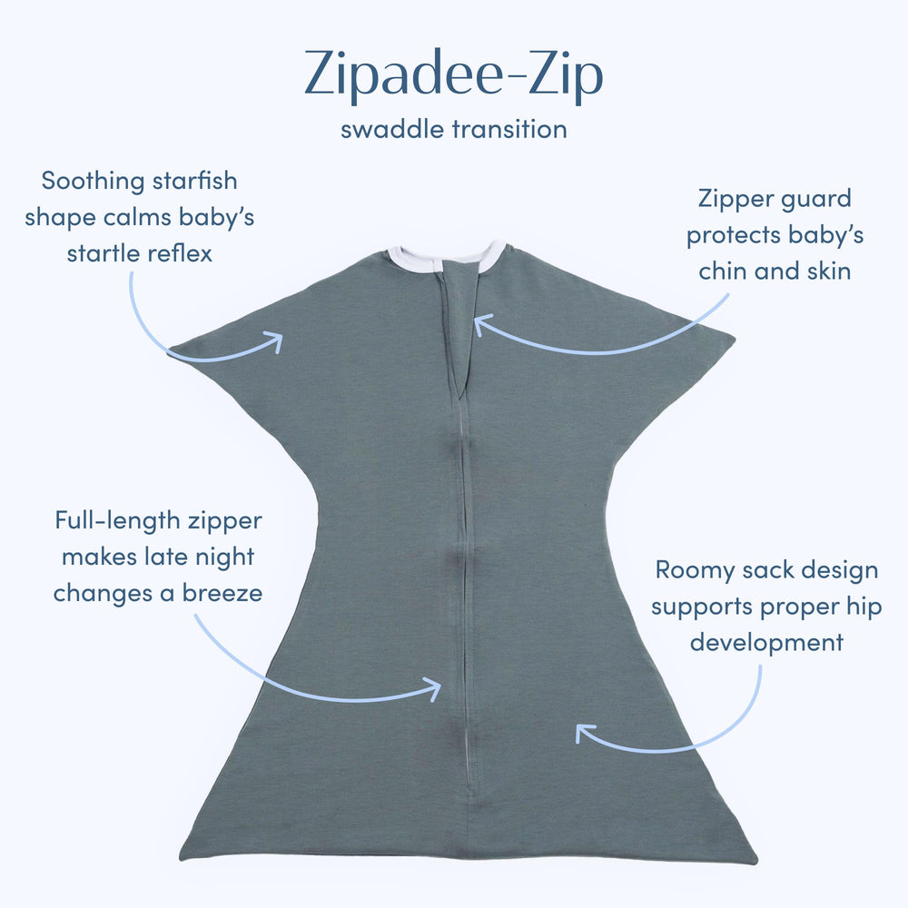 SleepingBaby Zipadee-Zip zipped closed for secure, snug wearing during sleeping.