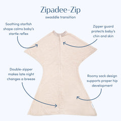 SleepingBaby Zipadee-Zip dual zipper for quick diaper changes.