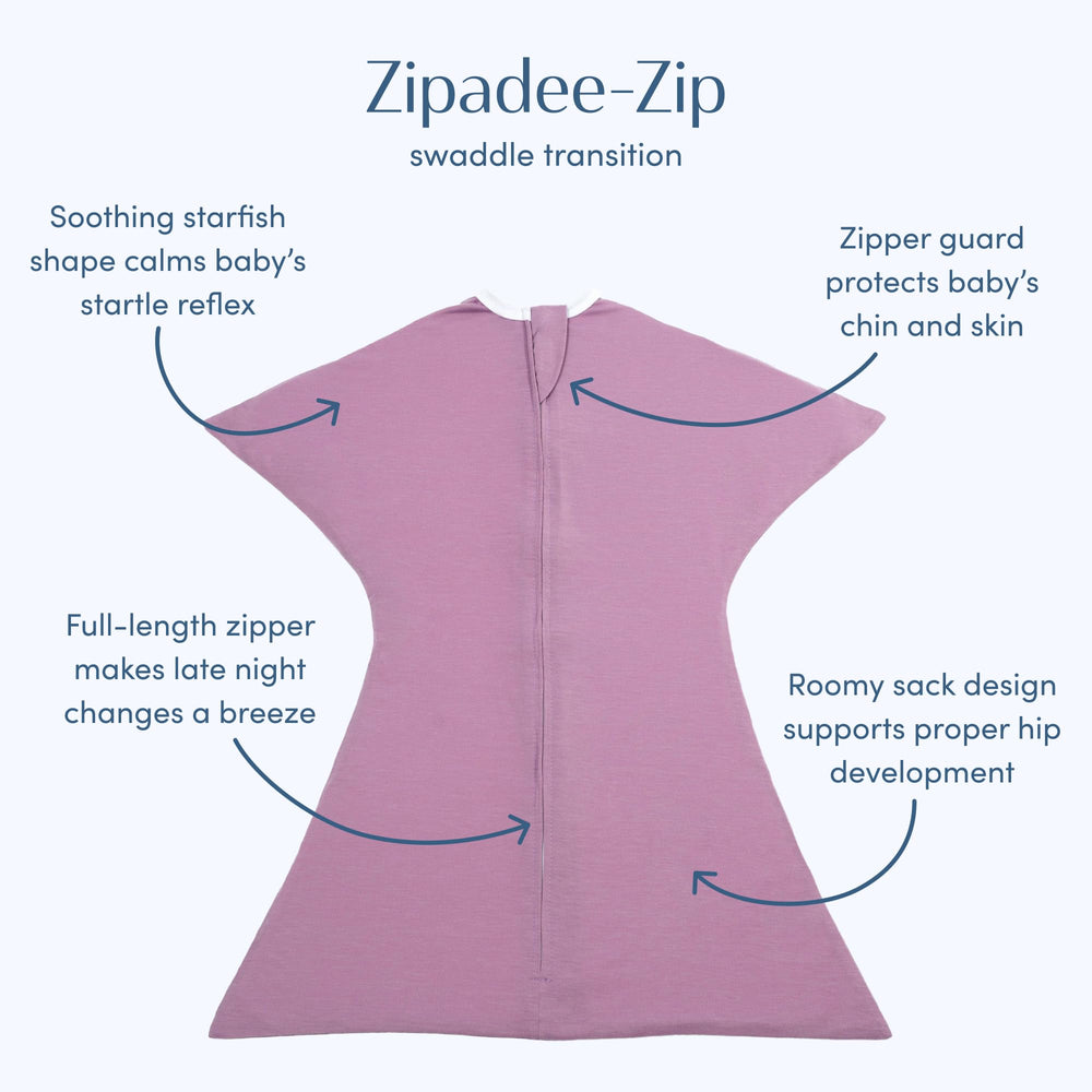 SleepingBaby Zipadee-Zip features a zipper for quick diaper changes.