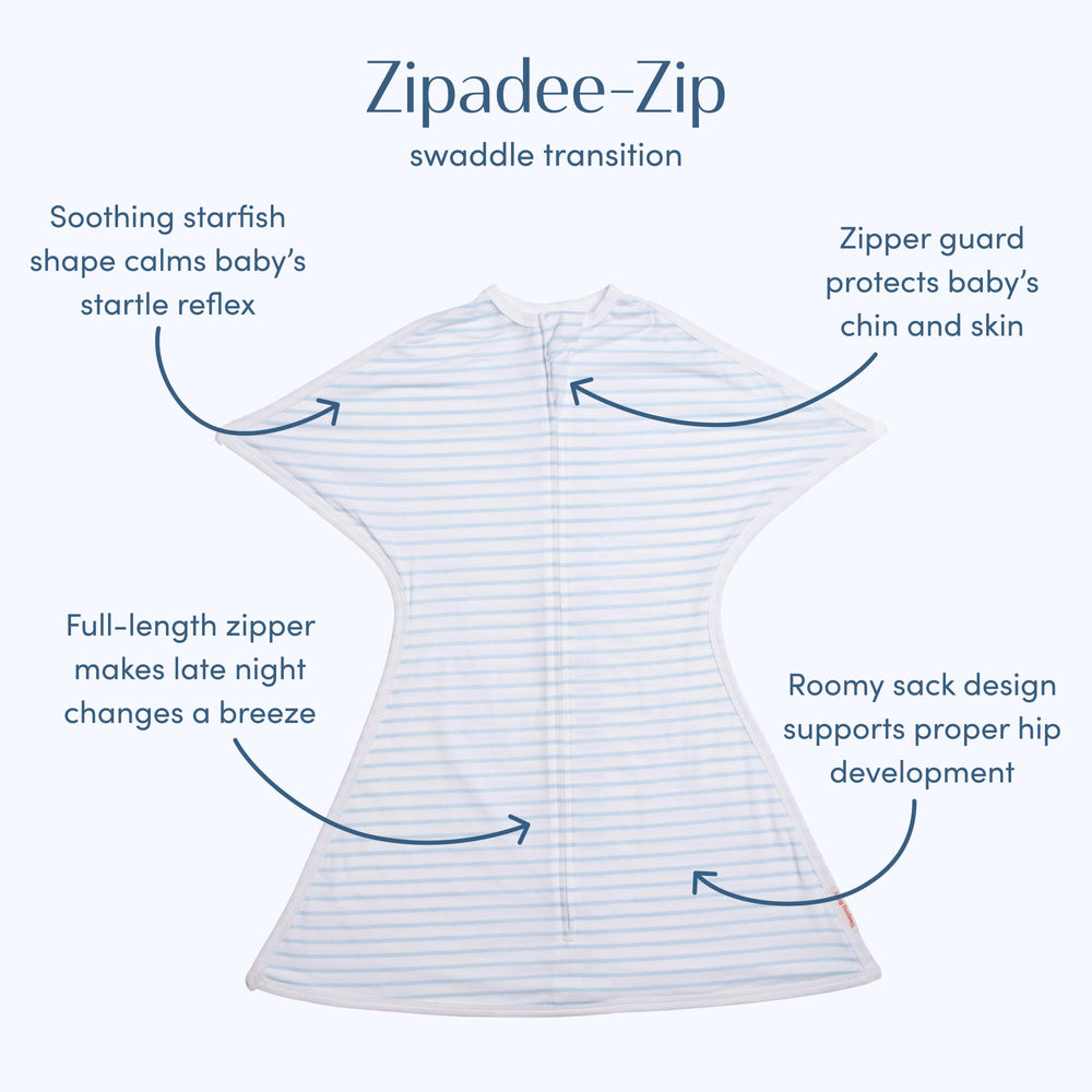 SleepingBaby Zipadee-Zip close-up shows the full-length zipper for quick diaper changes.