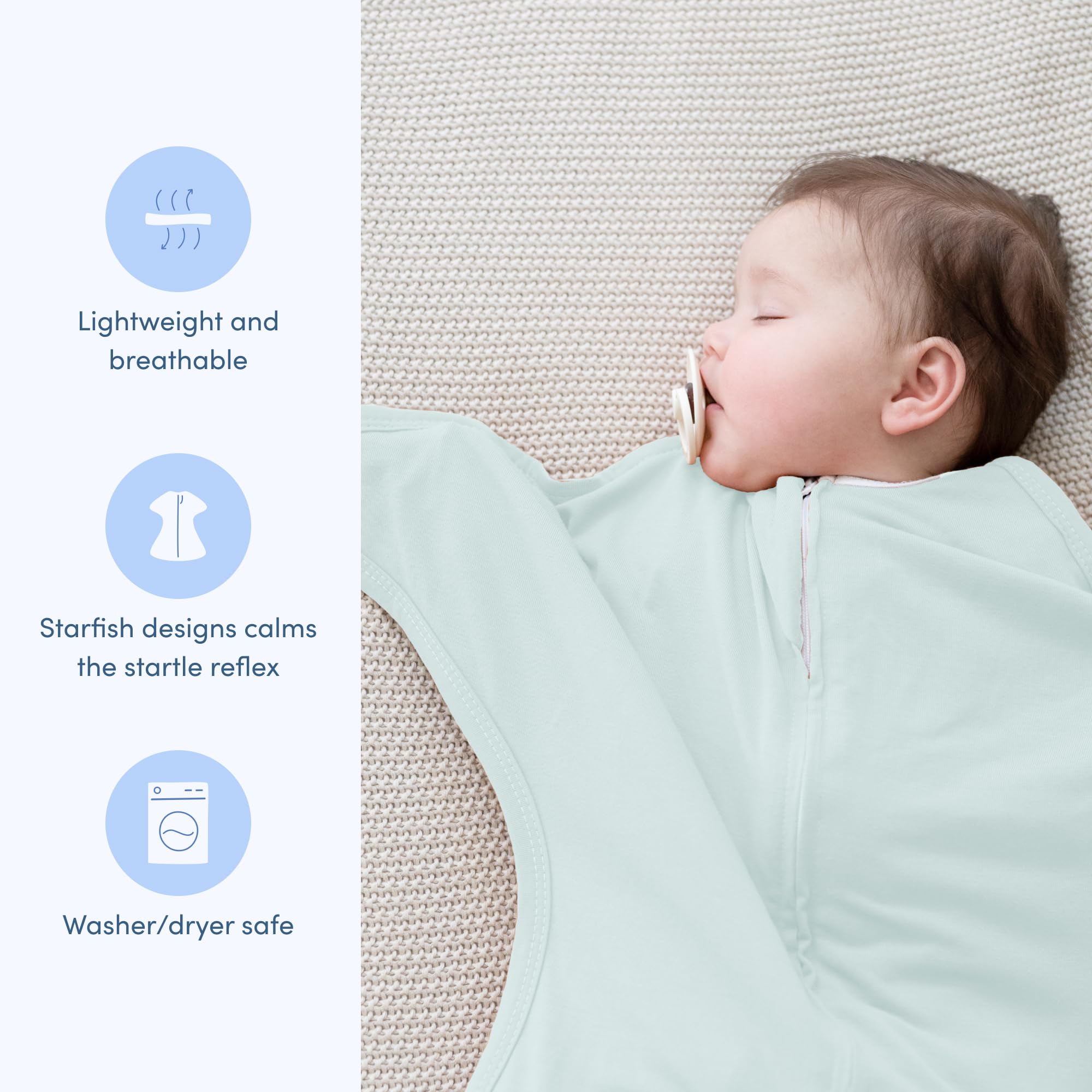 SleepingBaby Zipadee-Zip mint fabric highlights breathable comfort.