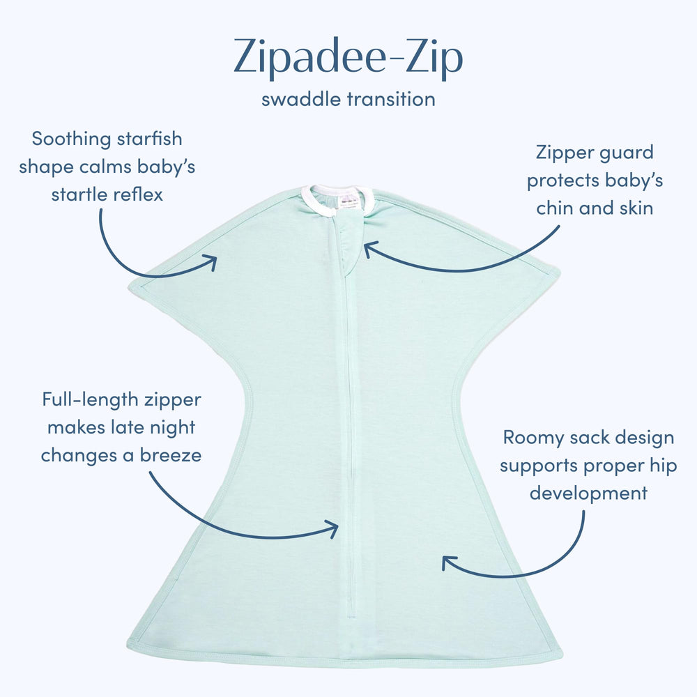 SleepingBaby Zipadee-Zip mint swaddle starfish design promotes secure feeling without restricting movement.