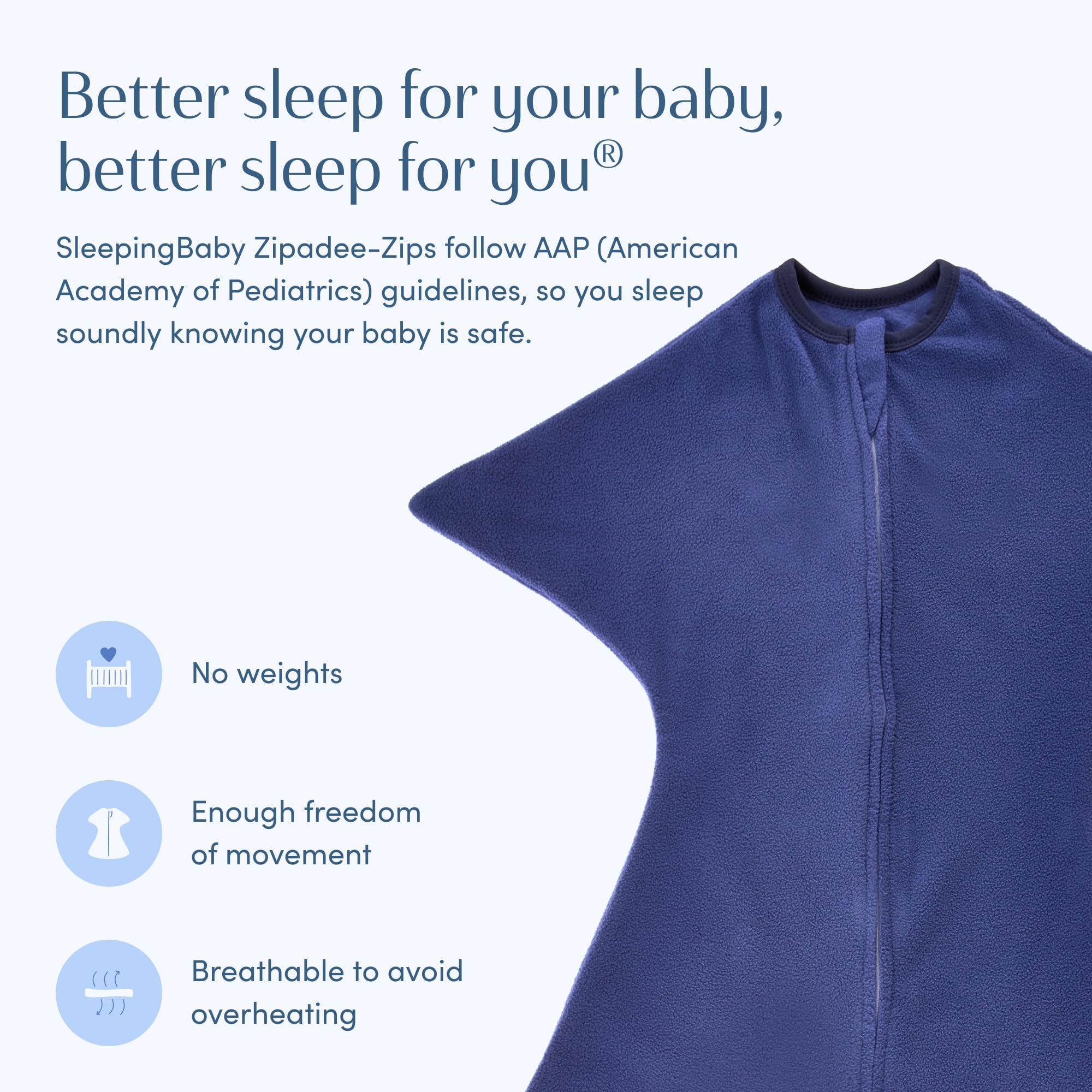 SleepingBaby Zipadee-Zip navy diaper-access design, quick checks without full undressing.
