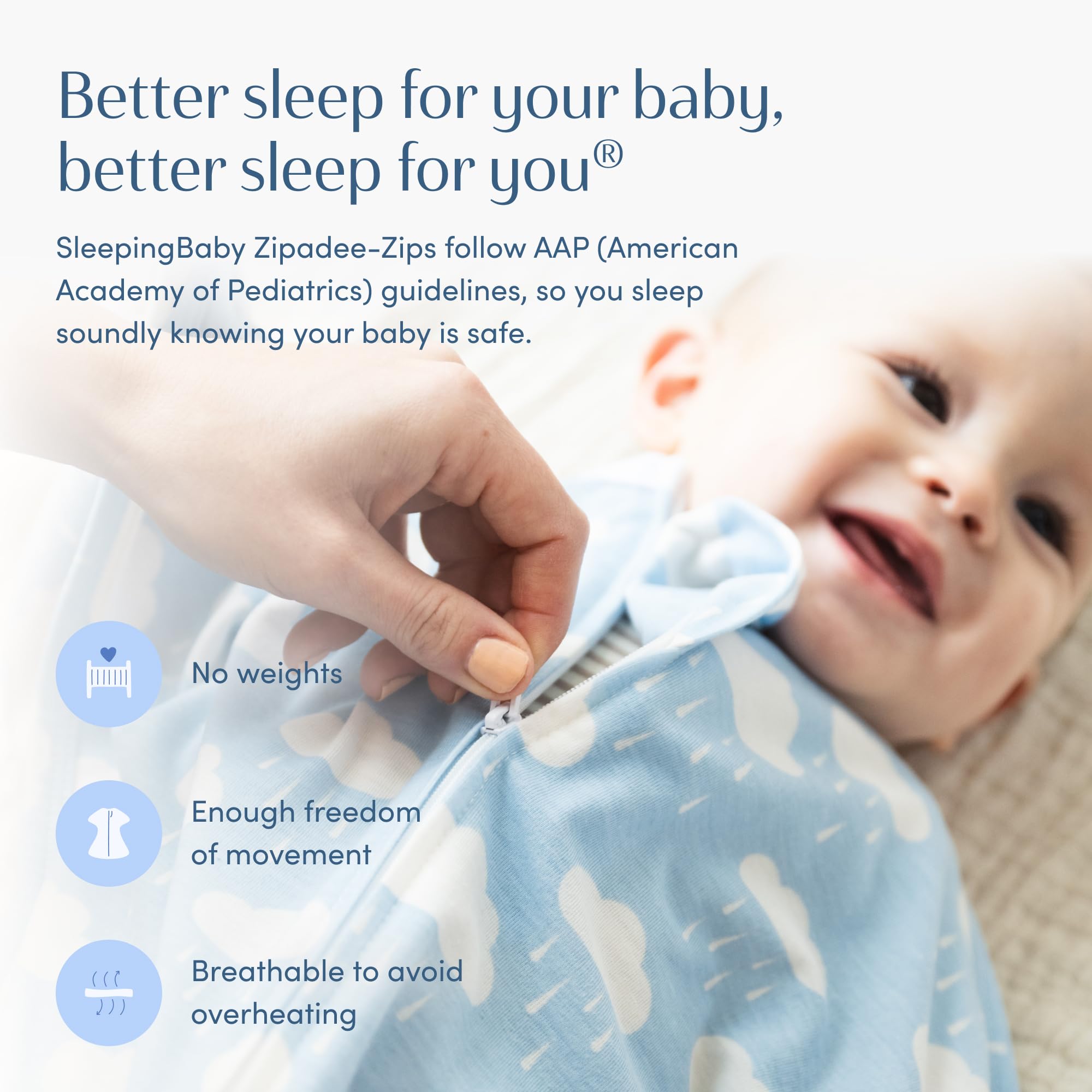 SleepingBaby Zipadee-Zip snug fit guide for the right transition swaddle