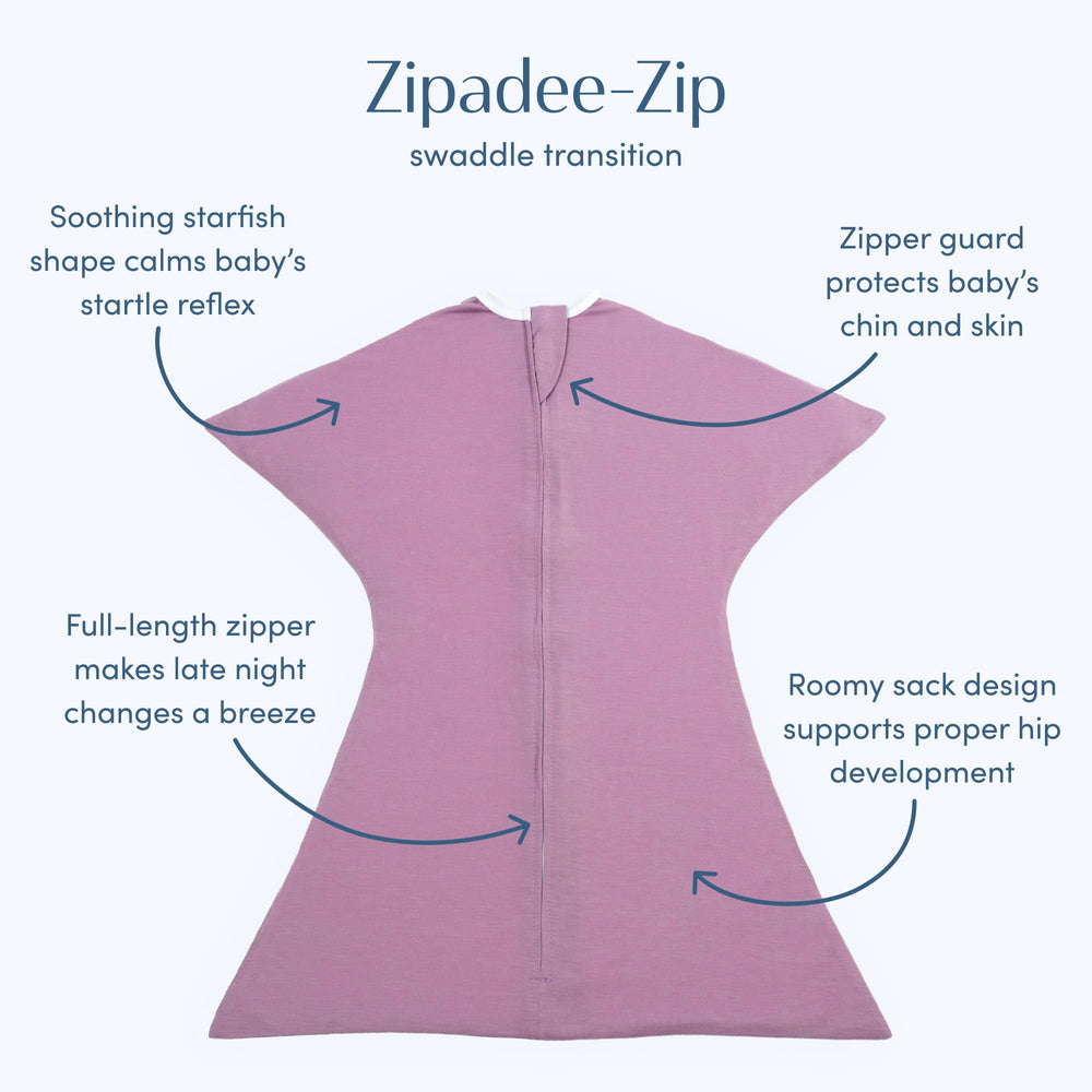 SleepingBaby Zipadee-Zip lavender starfish swaddle close-up showing easy transition