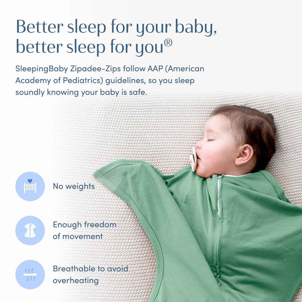 SleepingBaby Zipadee-Zip Basil XS arms-up sleep support reduces interruptions.