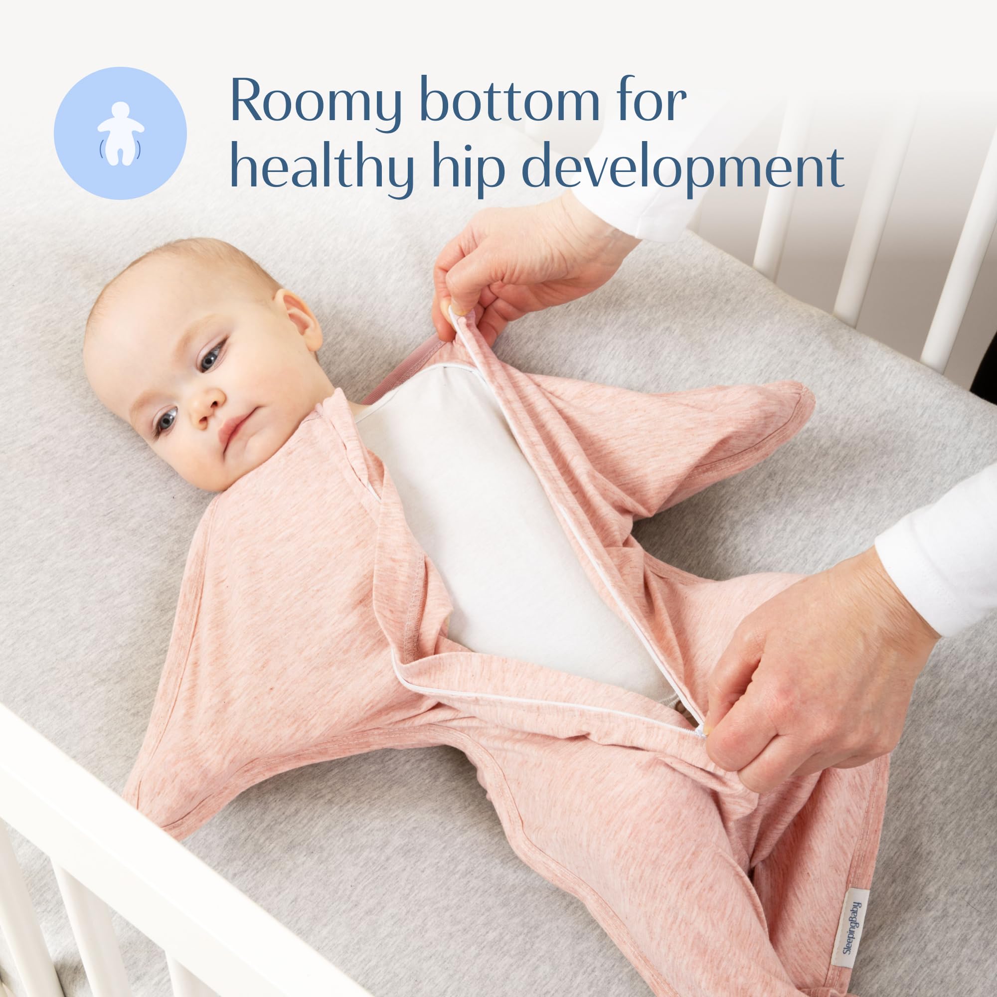 SleepingBaby Zipadee-Zip swaddle hip-friendly design supports movement