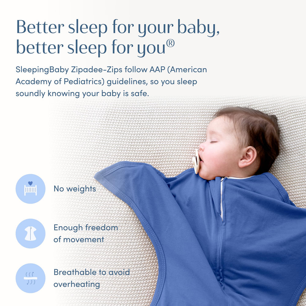 SleepingBaby Zipadee-Zip Navy swaddle suited for arms-up sleep transitions at night.