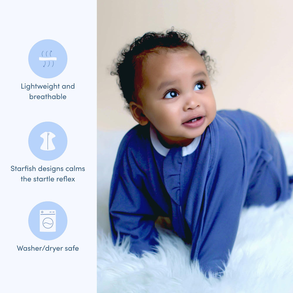 SleepingBaby Zipadee-Zip Navy swaddle shows roomy fit for hip-friendly movement.