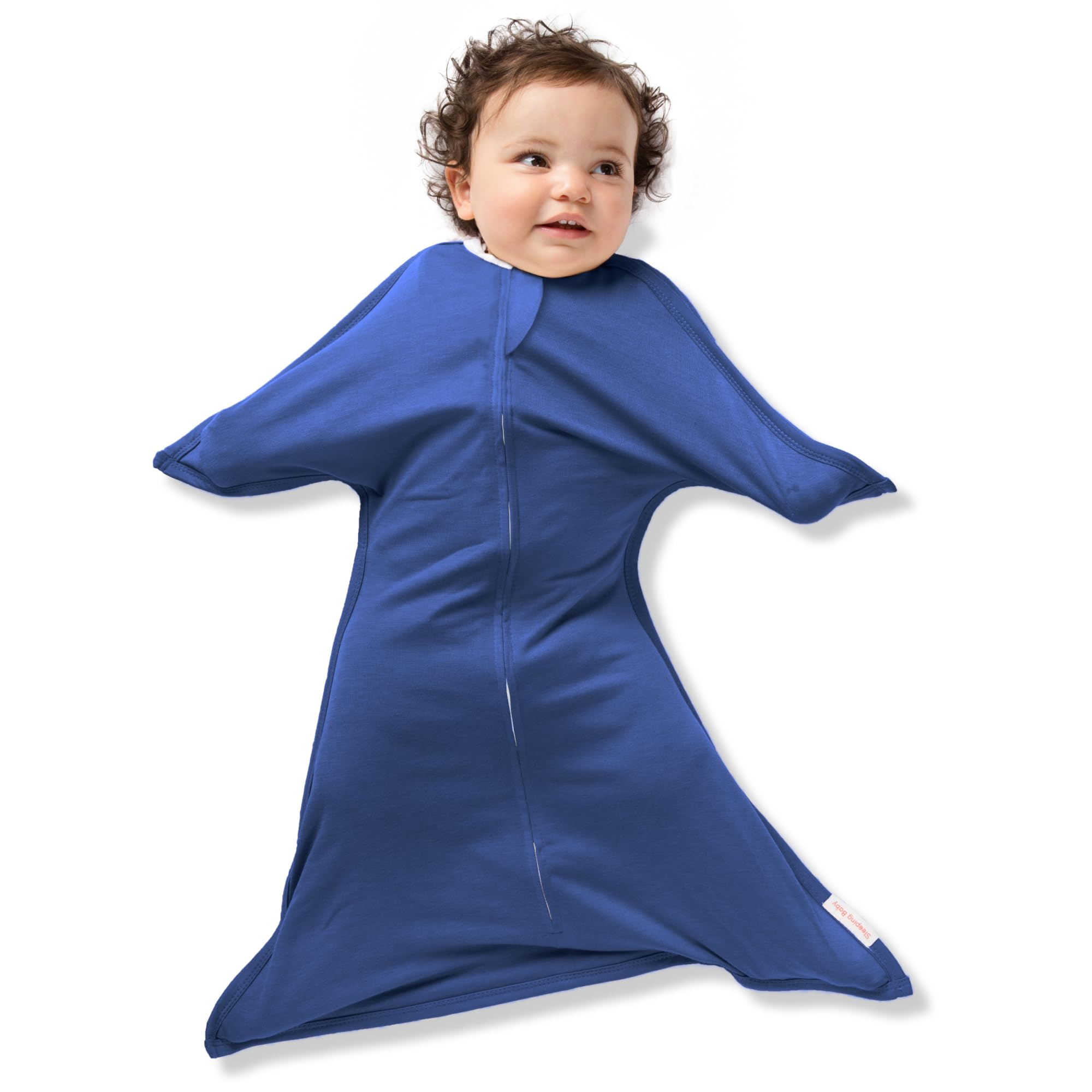 SleepingBaby Zipadee-Zip Navy swaddle with zipper close-up for quick diaper changes.
