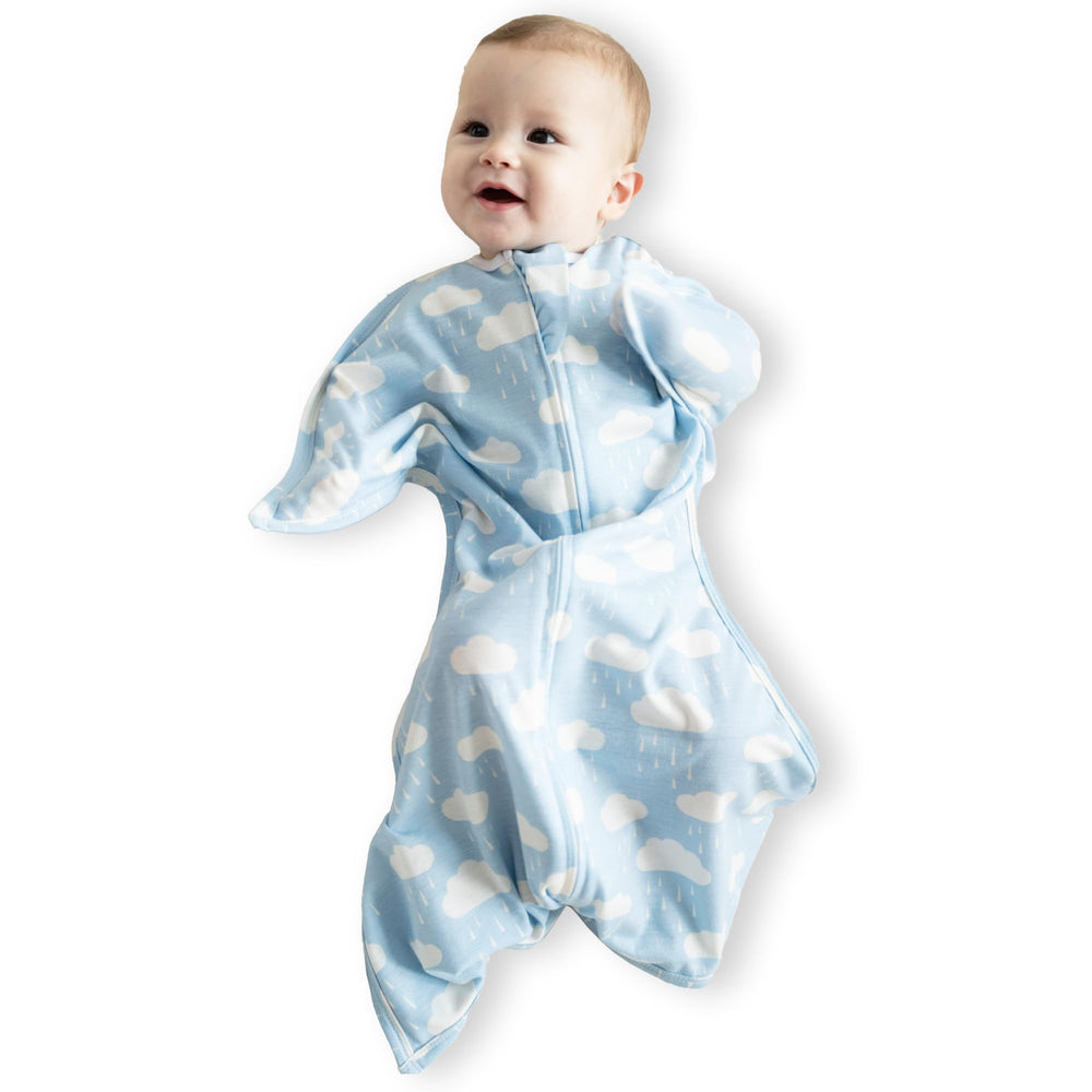 SleepingBaby Zipadee-Zip transition swaddle on a baby, cozy and secure.