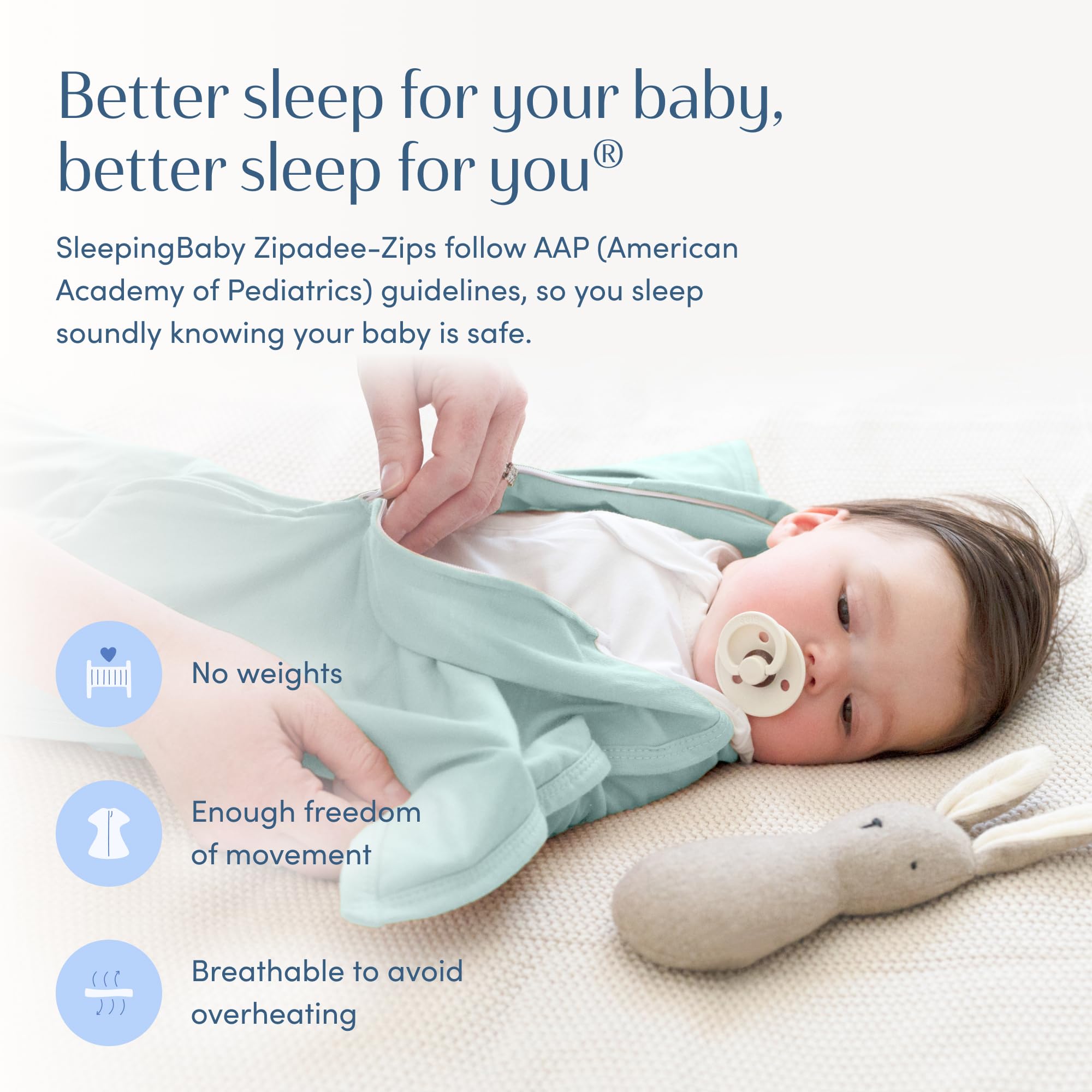 SleepingBaby Zipadee-Zip mint fabric feels soft and breathable.