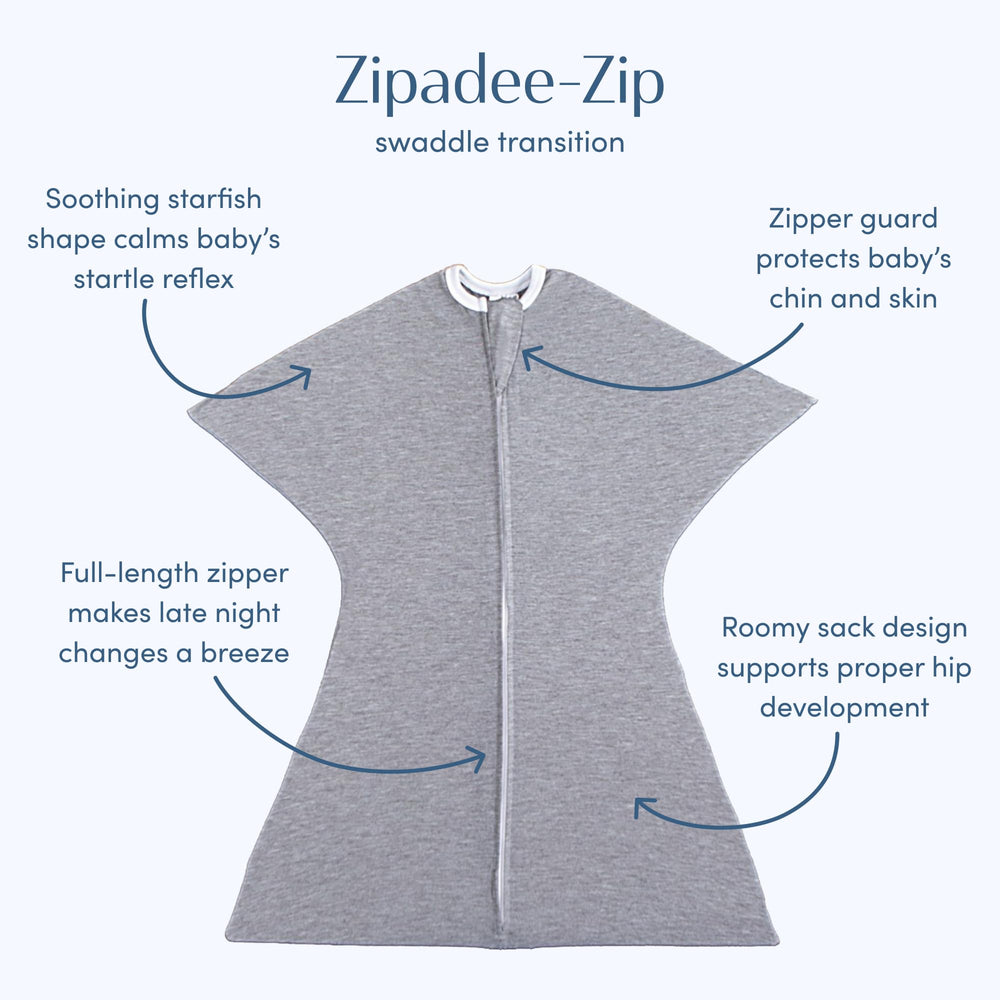 SleepingBaby Zipadee-Zip transition swaddle open zipper for easy diaper access.