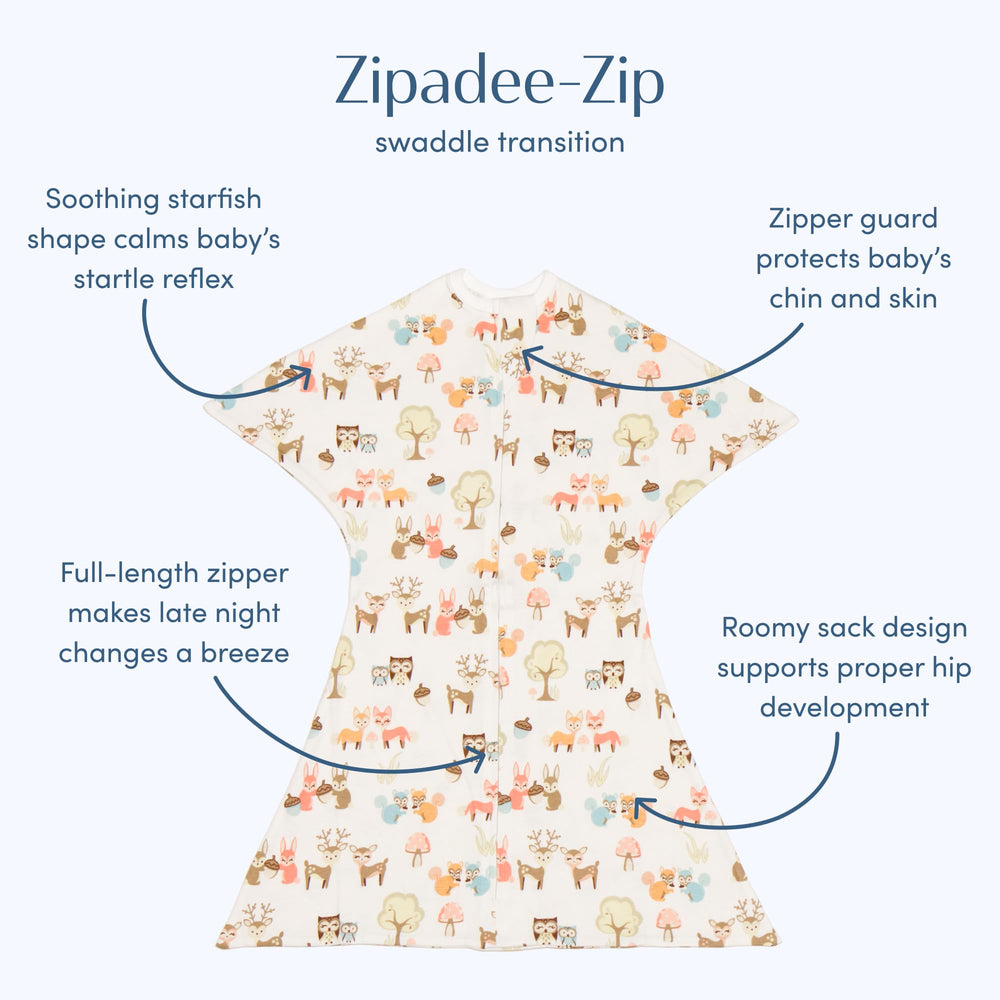 SleepingBaby Zipadee-Zip Woodlands side-zip view for quick diaper changes.