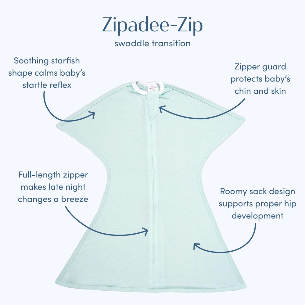 Close-up of zipper on SleepingBaby Zipadee-Zip swaddle for quick diaper changes