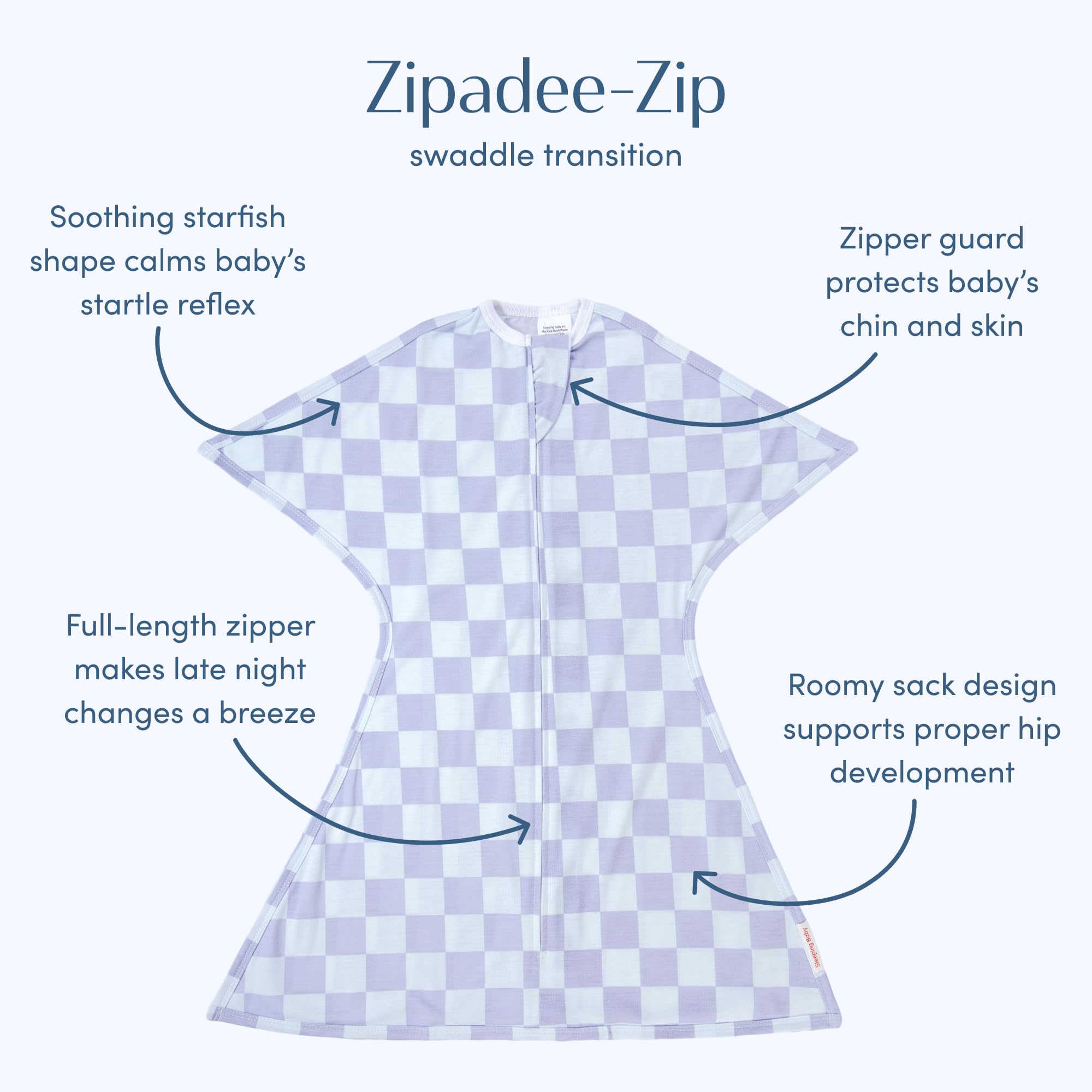 SleepingBaby Zipadee-Zip swaddle shows zipper for quick diaper changes at night.