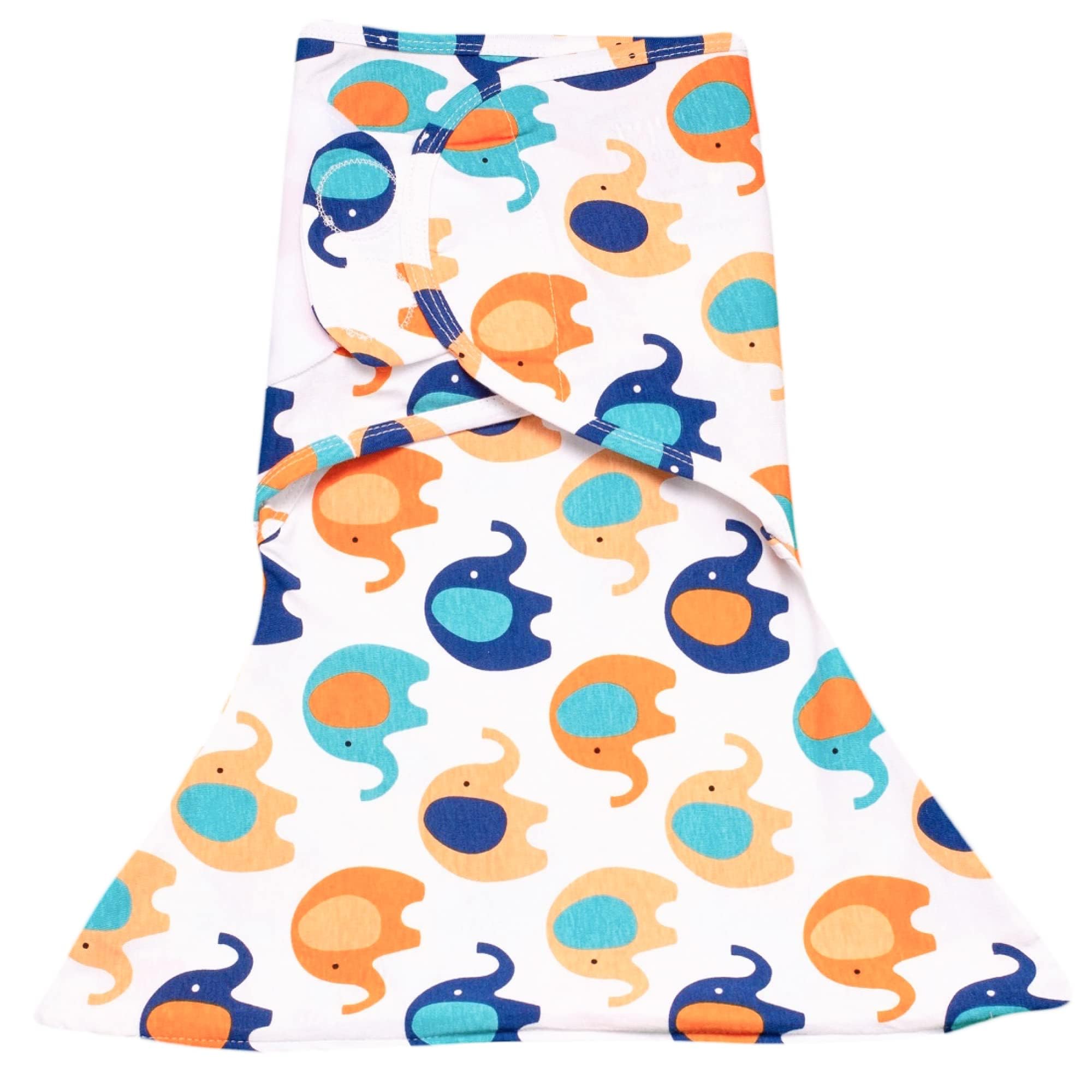 SleepingBaby Zippy Swaddle with bottom zipper in blue and orange elephants for quick diaper changes.