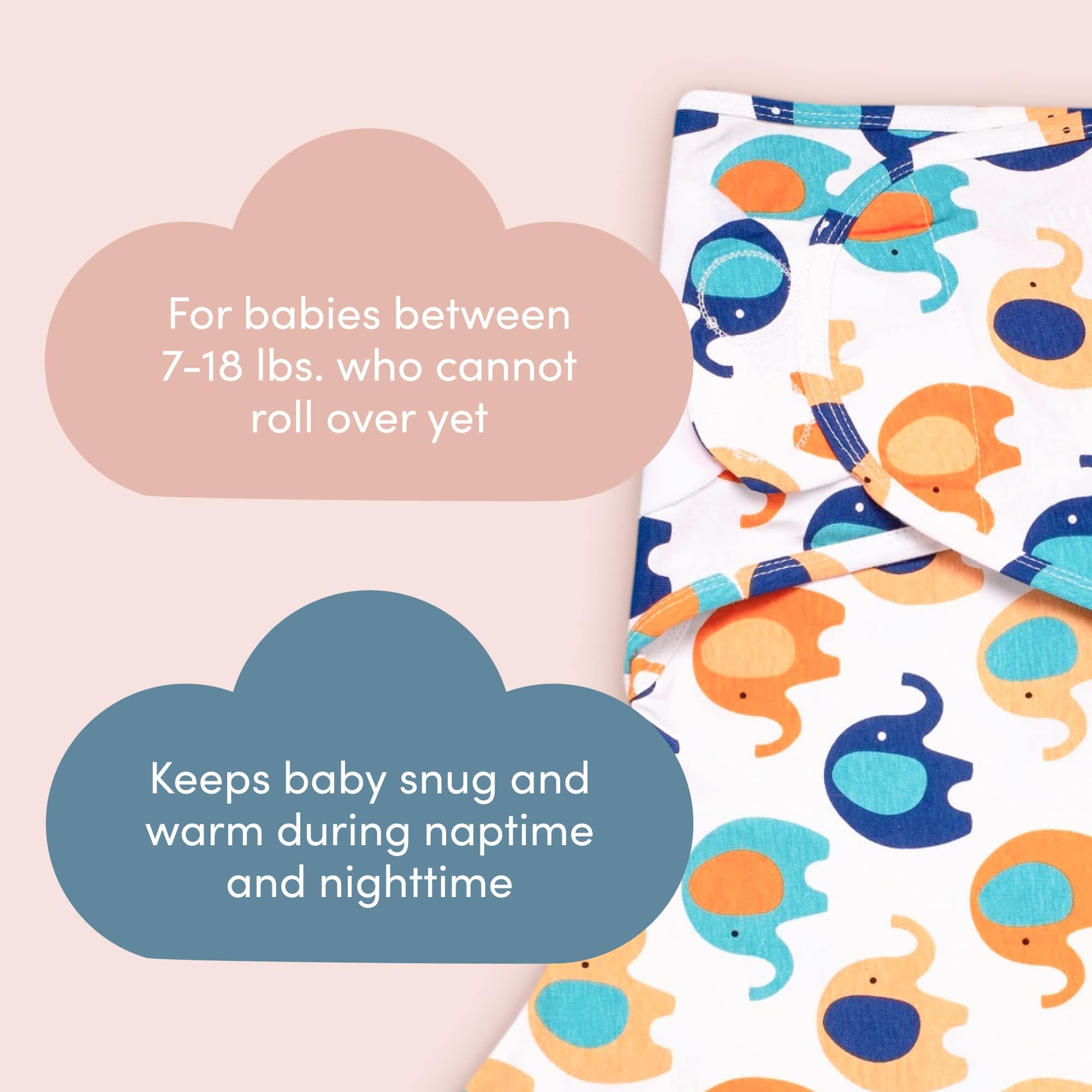 SleepingBaby Zippy Swaddle in blue and orange elephants supports easy nursery routines.