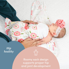Rear view of SleepingBaby Zippy Swaddle Pink Poppy with breathable fabric