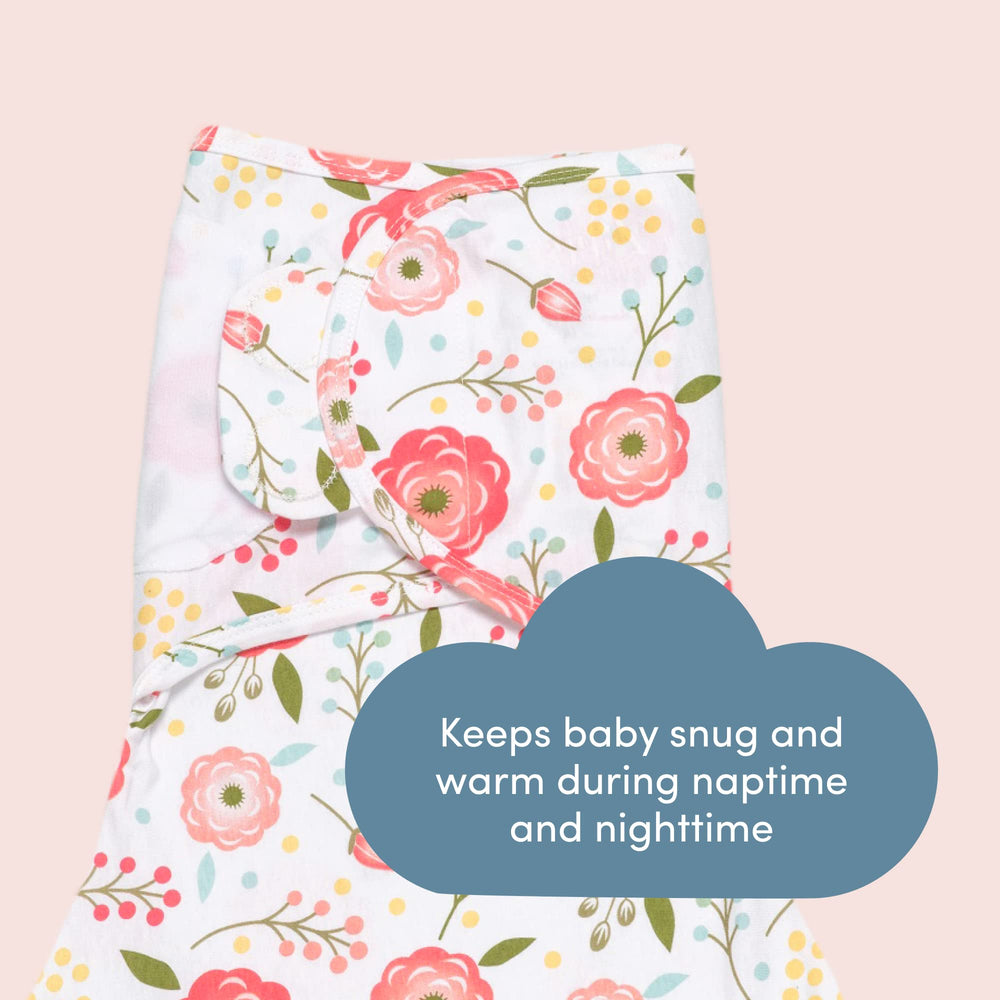 Nursery setup featuring SleepingBaby Zippy Swaddle Pink Poppy for year-round comfort