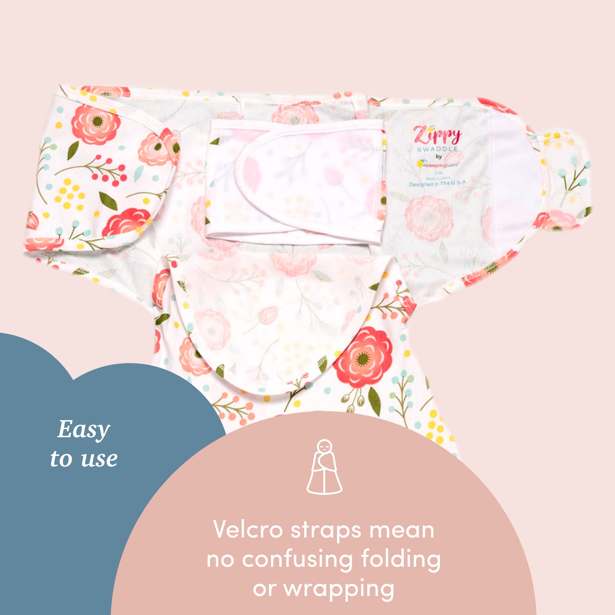 Baby wearing SleepingBaby Zippy Swaddle Pink Poppy demonstrating leg movement room