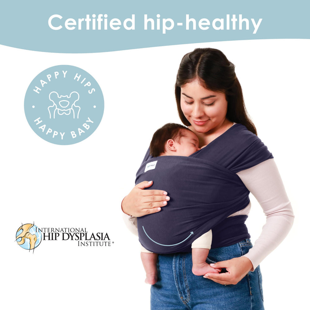 Sleepy Wrap navy blue adds versatile style for parents in everyday wear.
