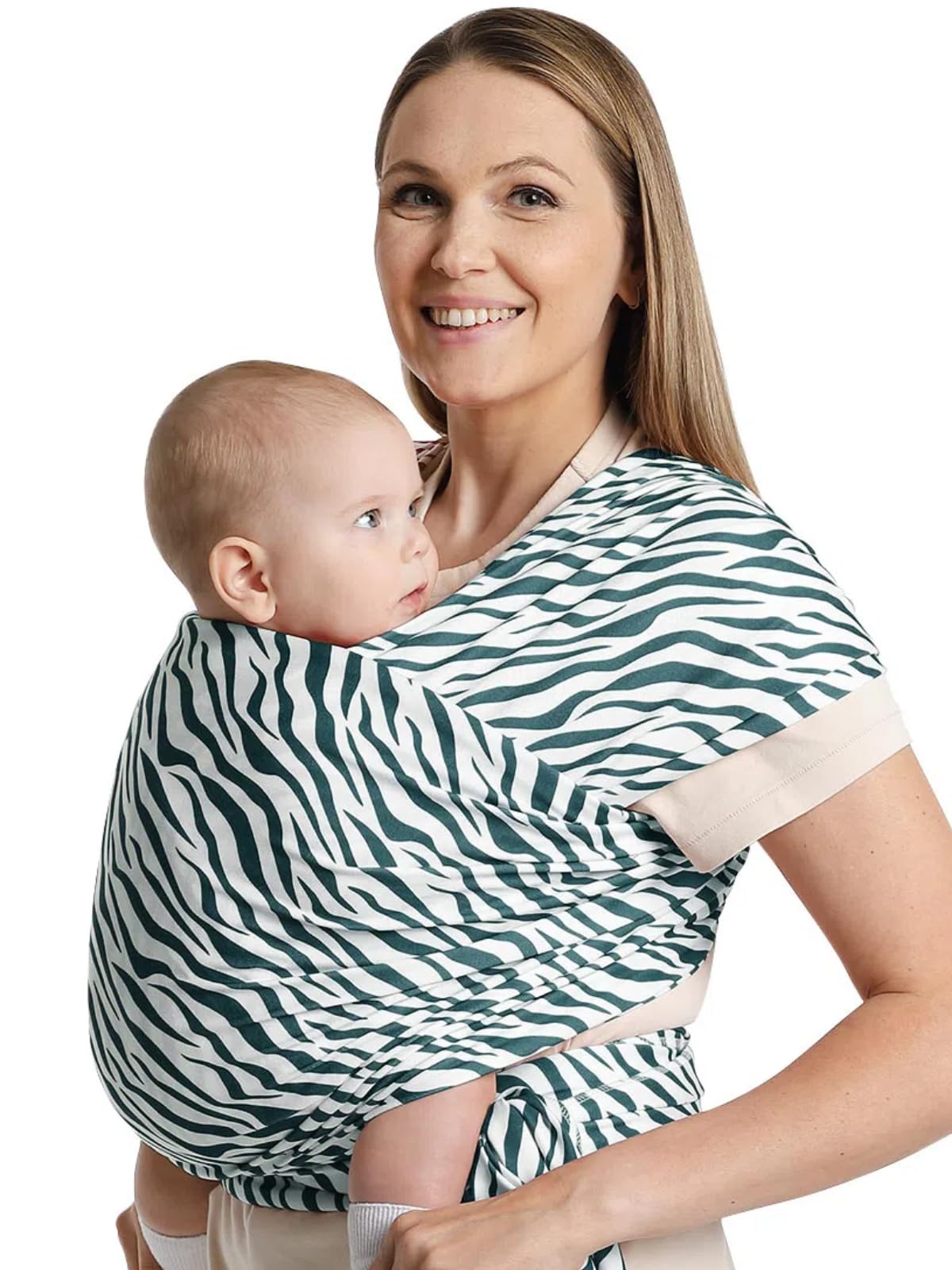 S.Leovay zebra-striped baby wrap front view for bold style and everyday comfort.