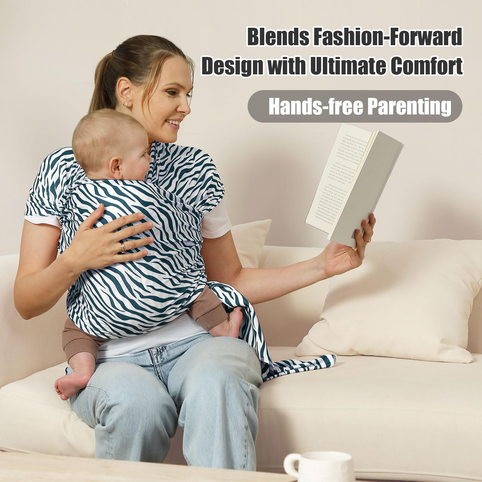 S.Leovay zebra-striped wrap worn on the shoulder highlights easy hands-free carry.