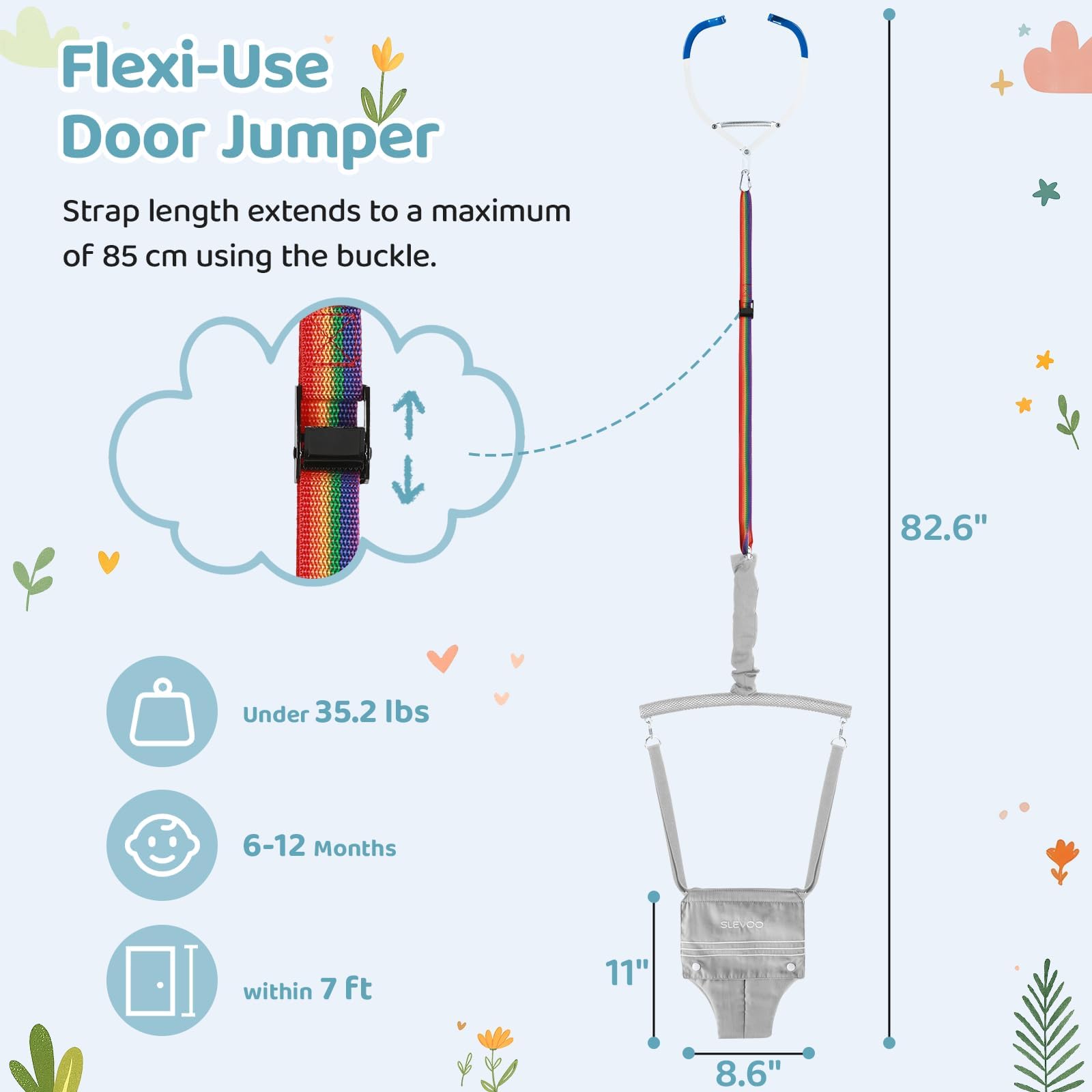 Slevoo Baby Jumper shows adjustable strap for a snug, customizable fit