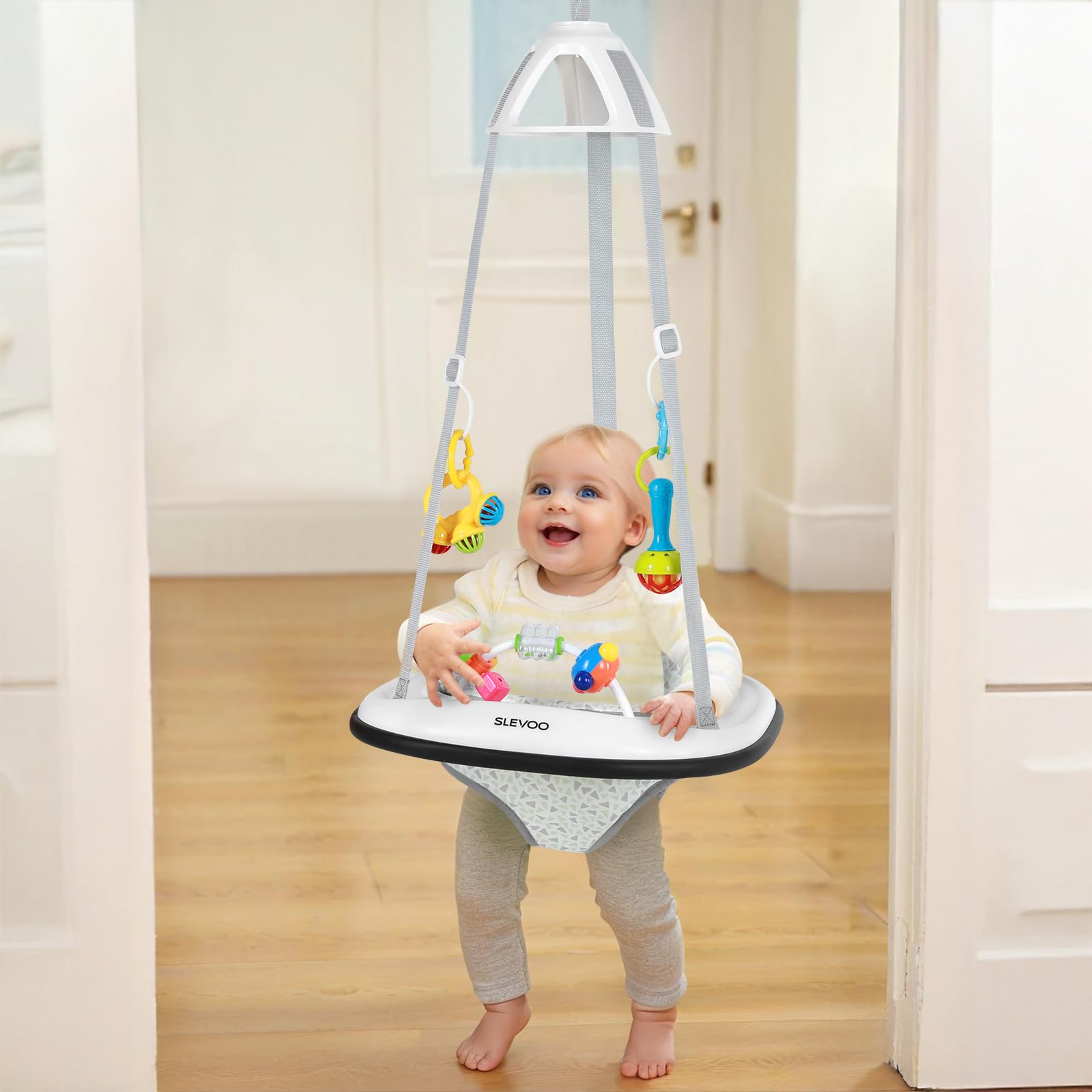 Slevoo Baby Jumper doorway bumper protects doorframes during active bouncing.
