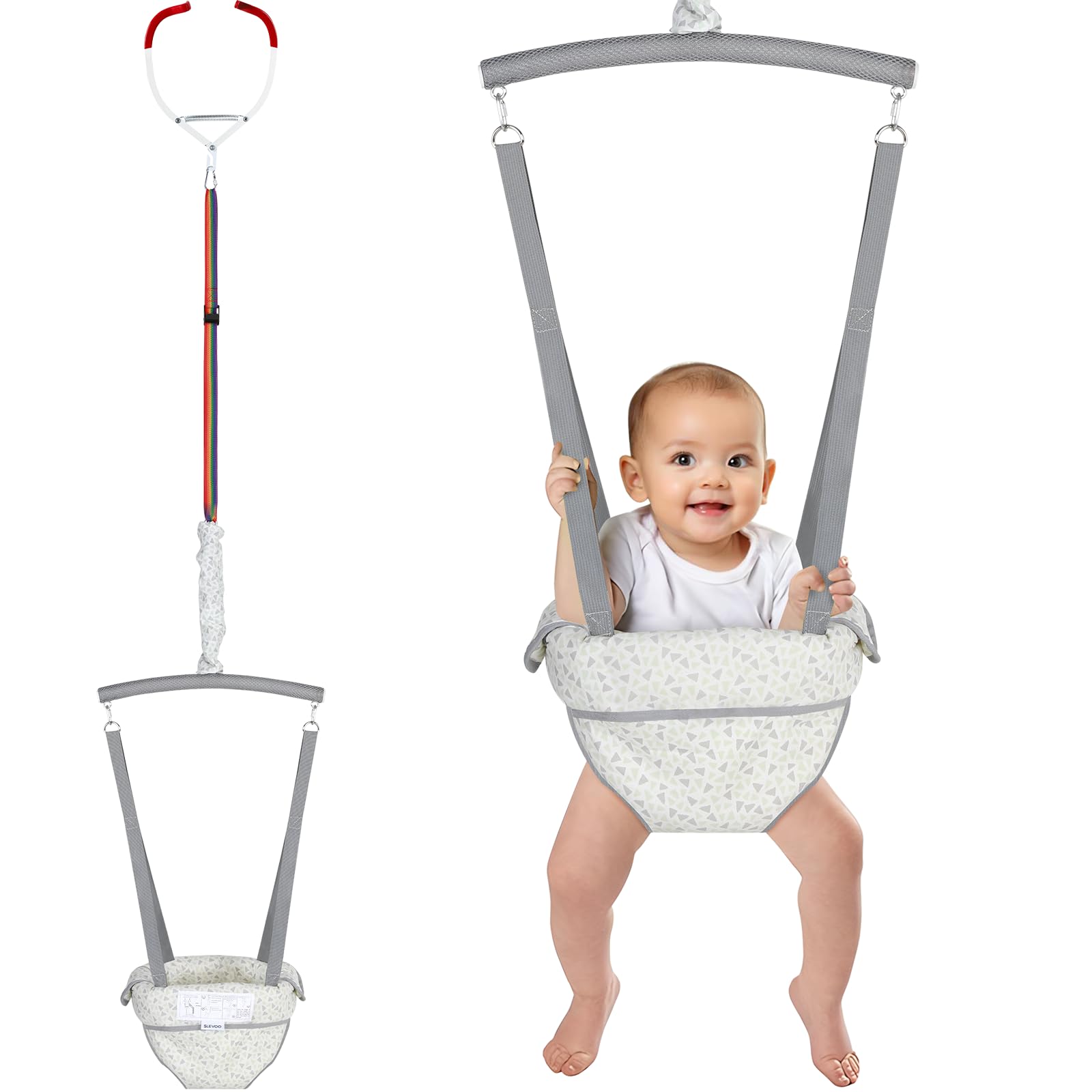 Slevoo Baby Jumper with doorway clamp securing setup for safe bouncing.