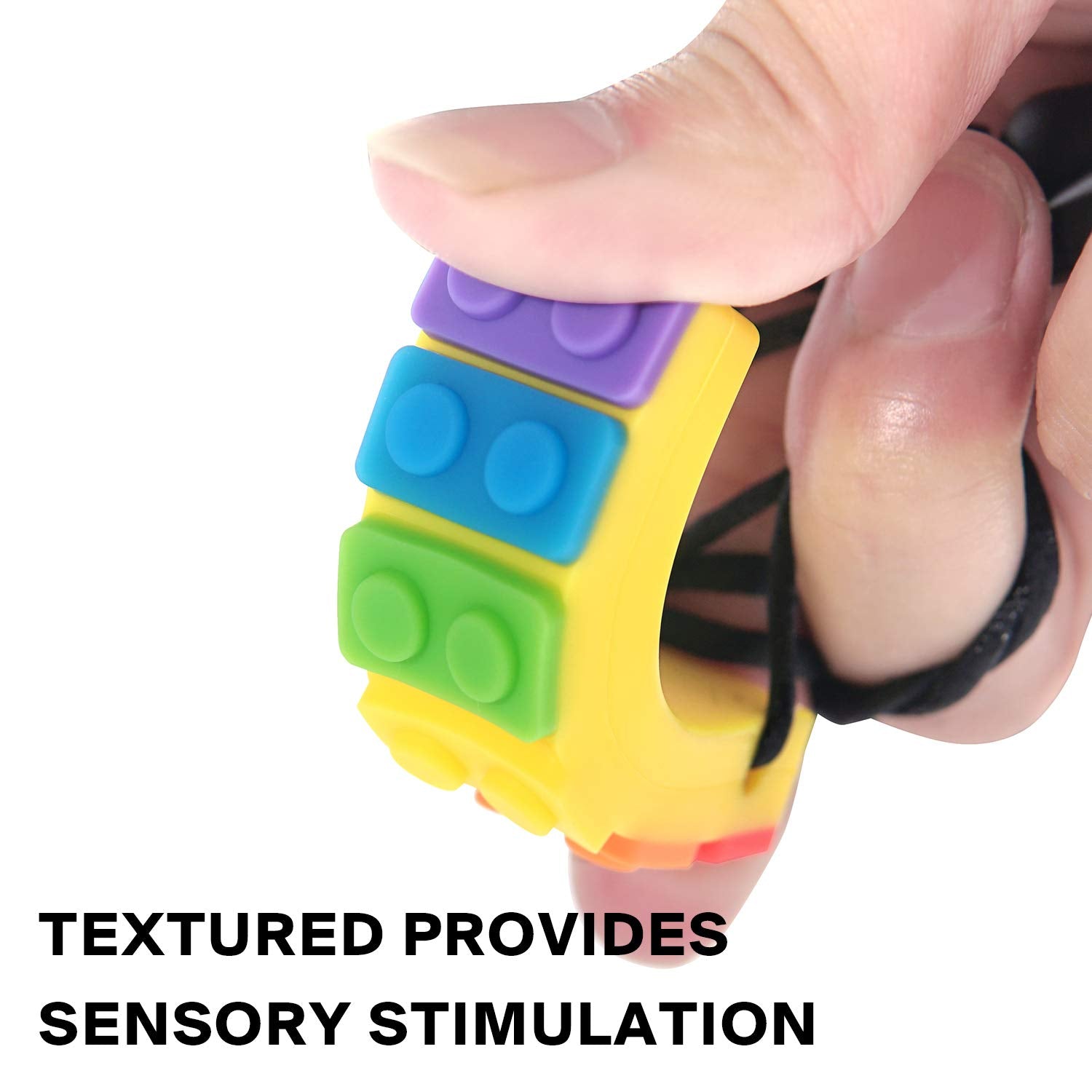SLGOL rainbow silicone chew pendant close-up shows textured sensory surface