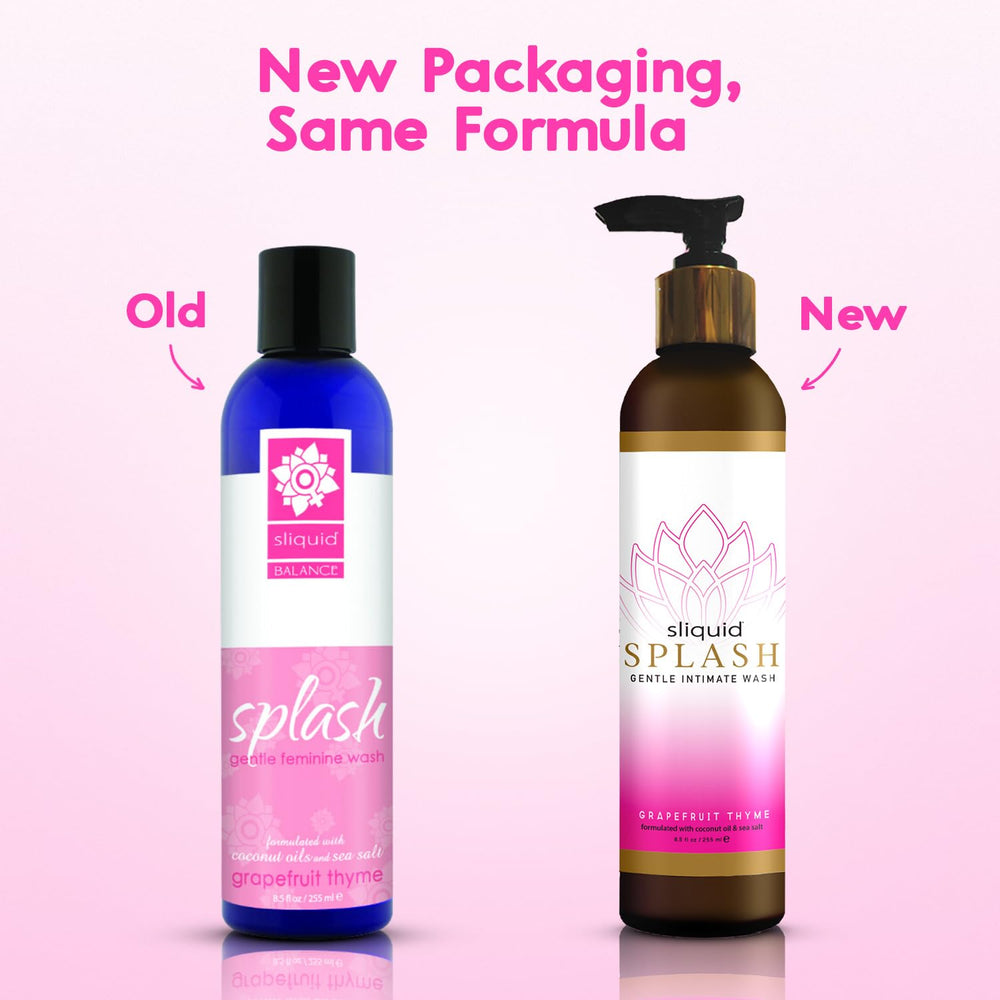 Sliquid Balance Splash Grapefruit Thyme packaging highlights glycerin-free, paraben-free formula.
