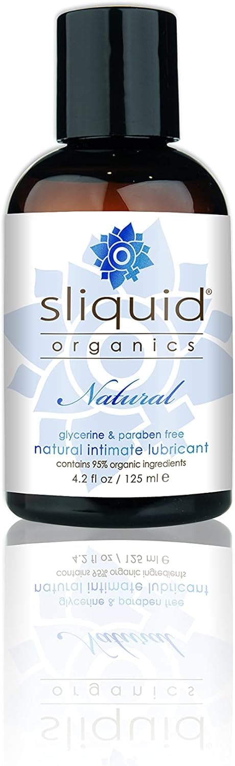 Sliquid Organics Natural Lubricant bottle pour for long-lasting plant-based lubrication.