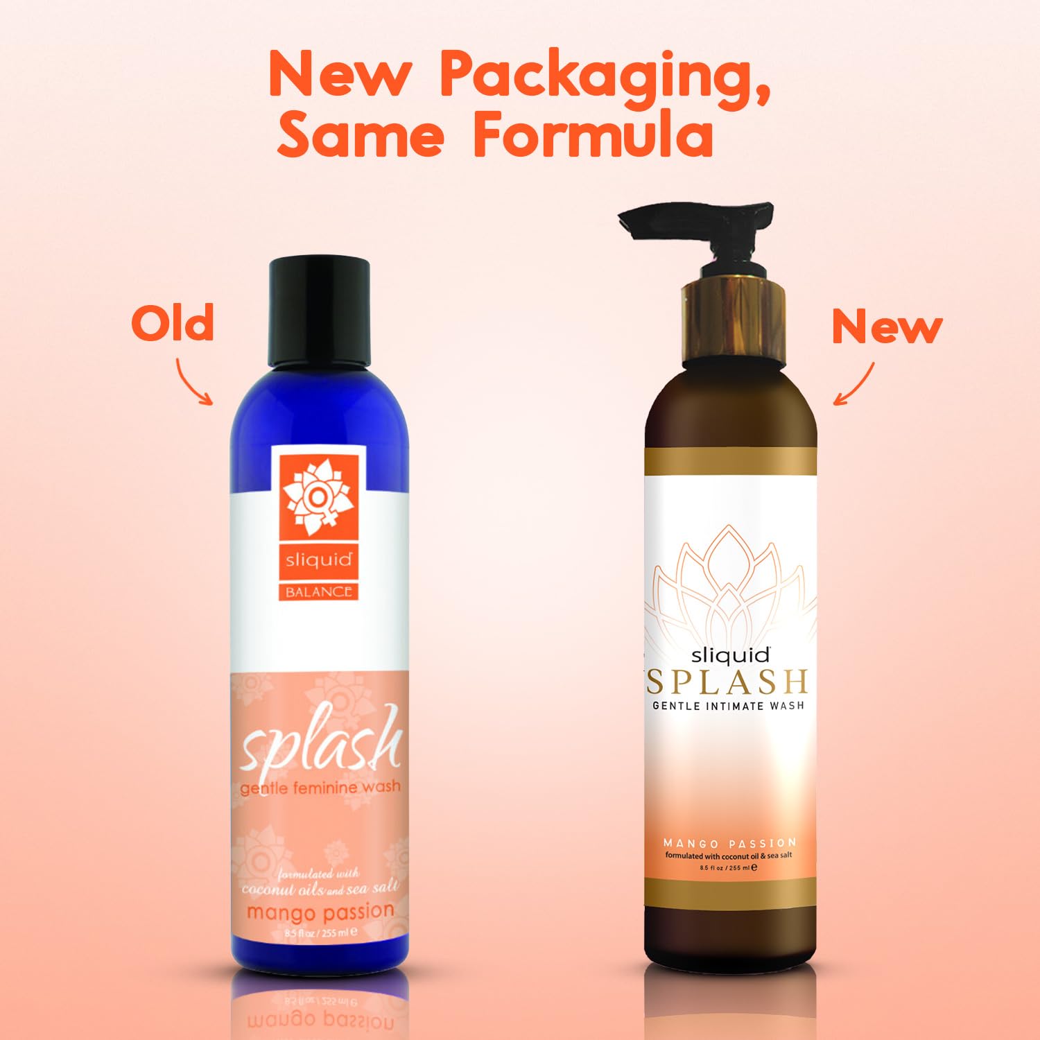 Sliquid Splash Mango Passion packaging highlights vegan, paraben-free formula for sensitive skin.