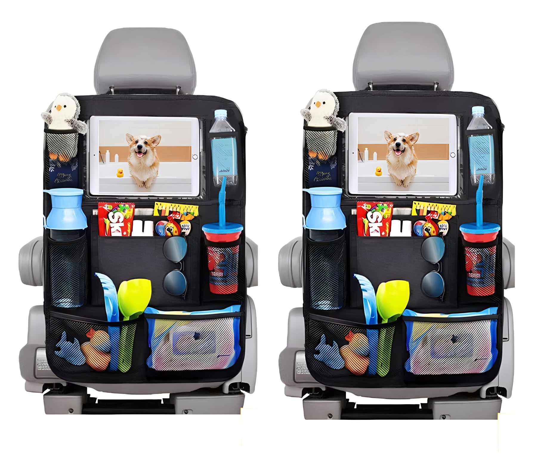 Slivery Color backseat organizer in car showing multiple pockets for organized travel essentials.