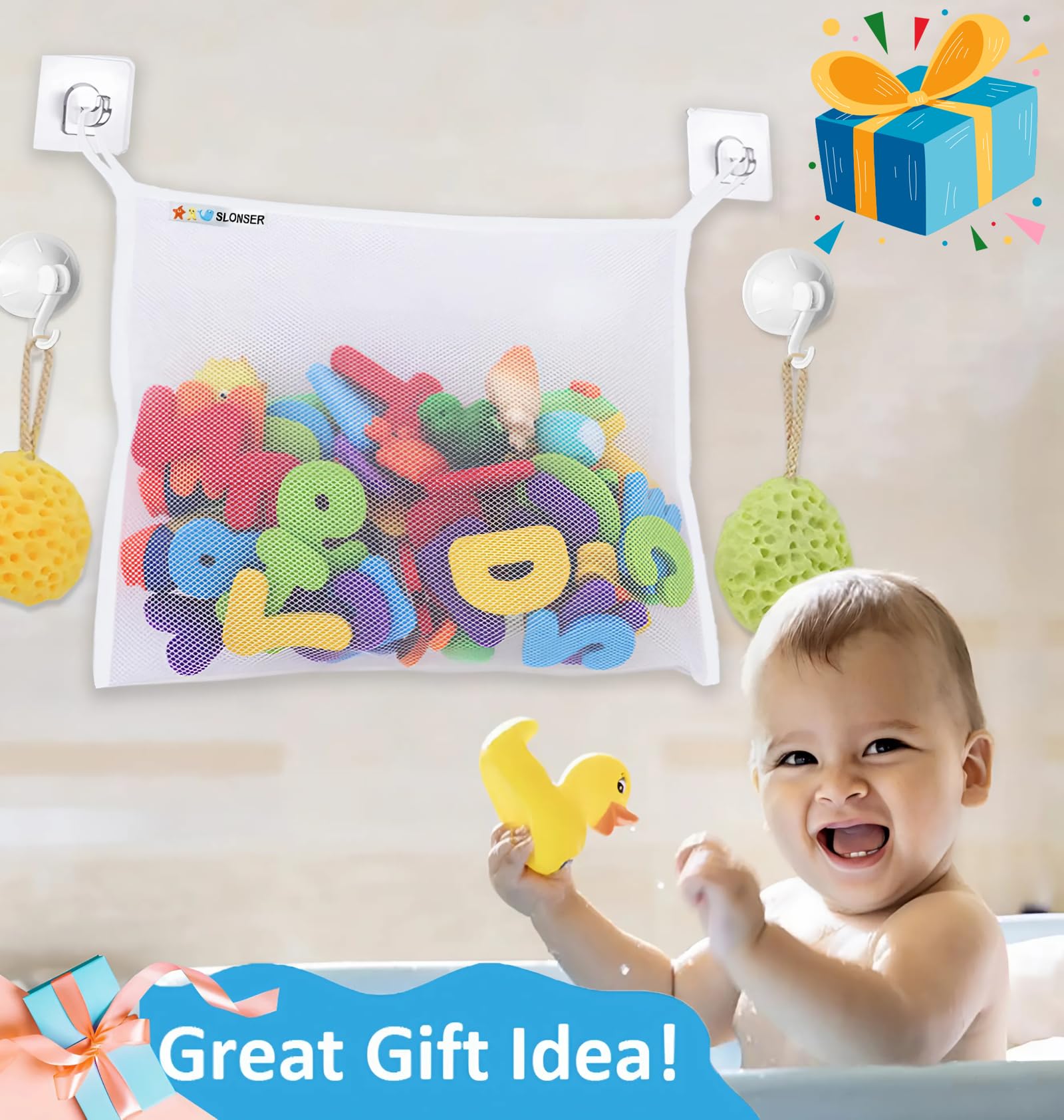Slonser toddler shower caddy hanging basket keeps bath essentials handy.