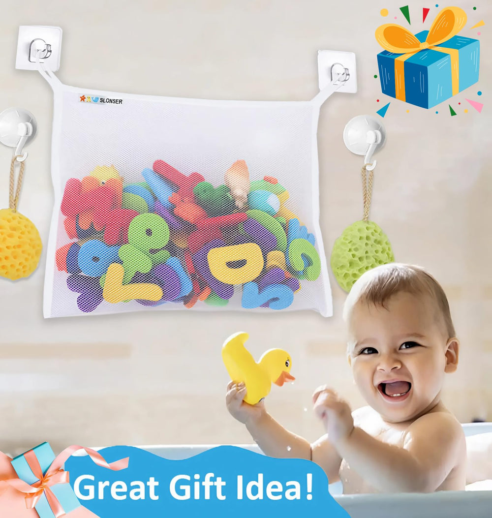 Slonser toddler shower caddy hanging basket keeps bath essentials handy.