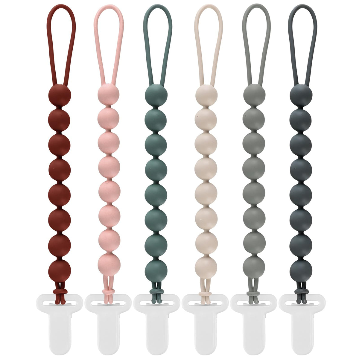 Slotic pacifier clip pack of six keeps pacifiers within reach on the go.