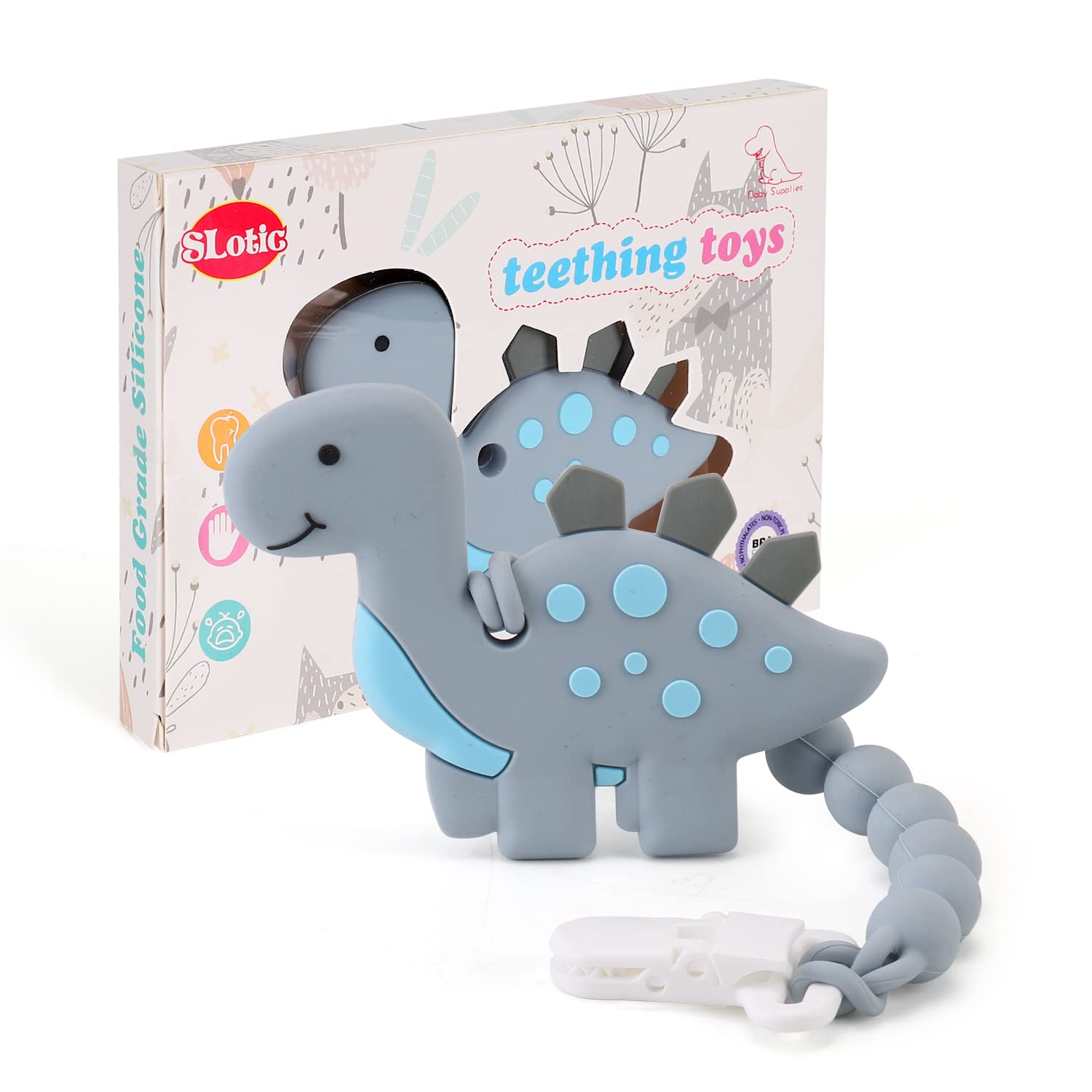 Slotic dinosaur teether with one-piece design in grey for safe chewing