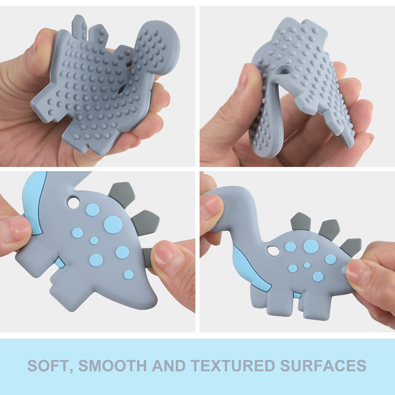 Slotic grey dinosaur teether held by a baby hand for easy grip