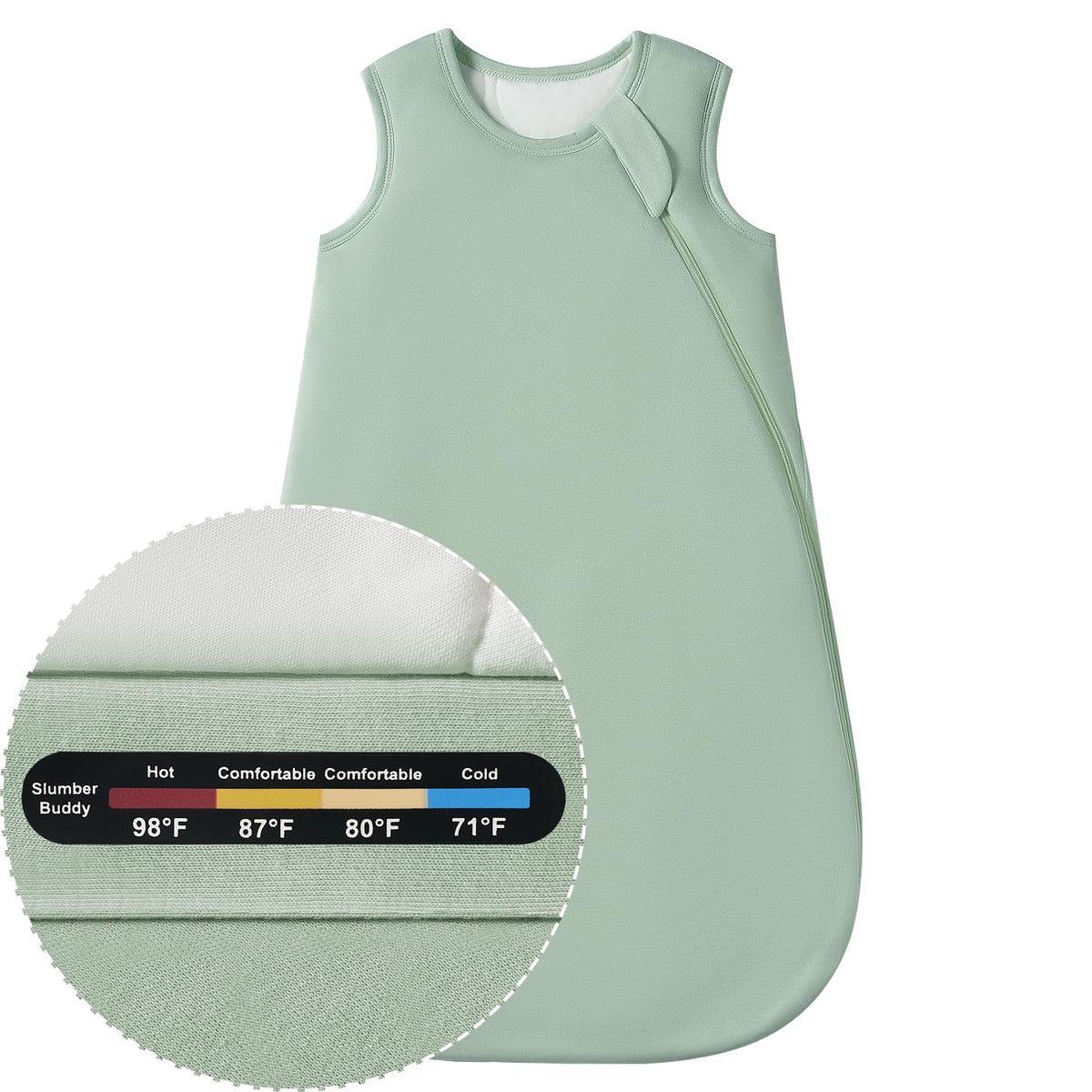 Slumber Buddy sleep sack material close-up showing bamboo-cotton blend for soft breathable comfort.