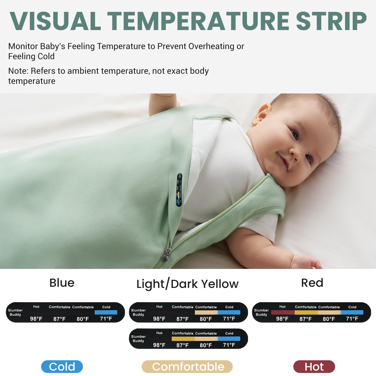 Slumber Buddy sleep sack with visual temperature strip for easy comfort checks at night.