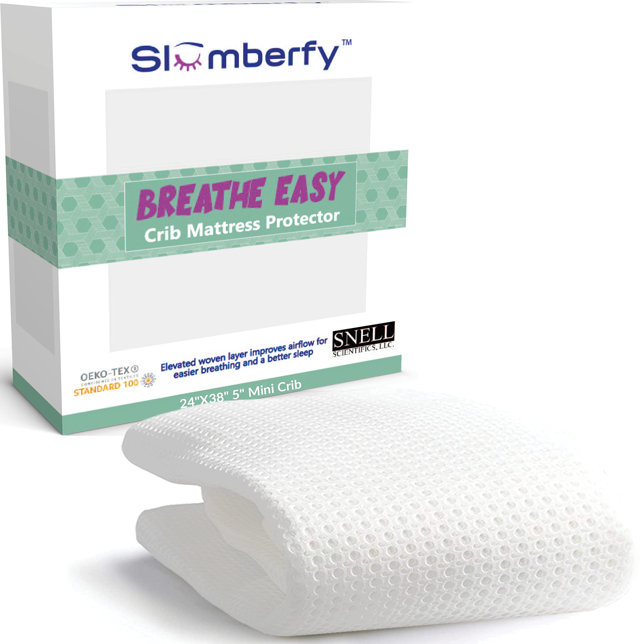 Slumberfy Breathe Easy crib cover, 3D mesh top for breathable comfort.